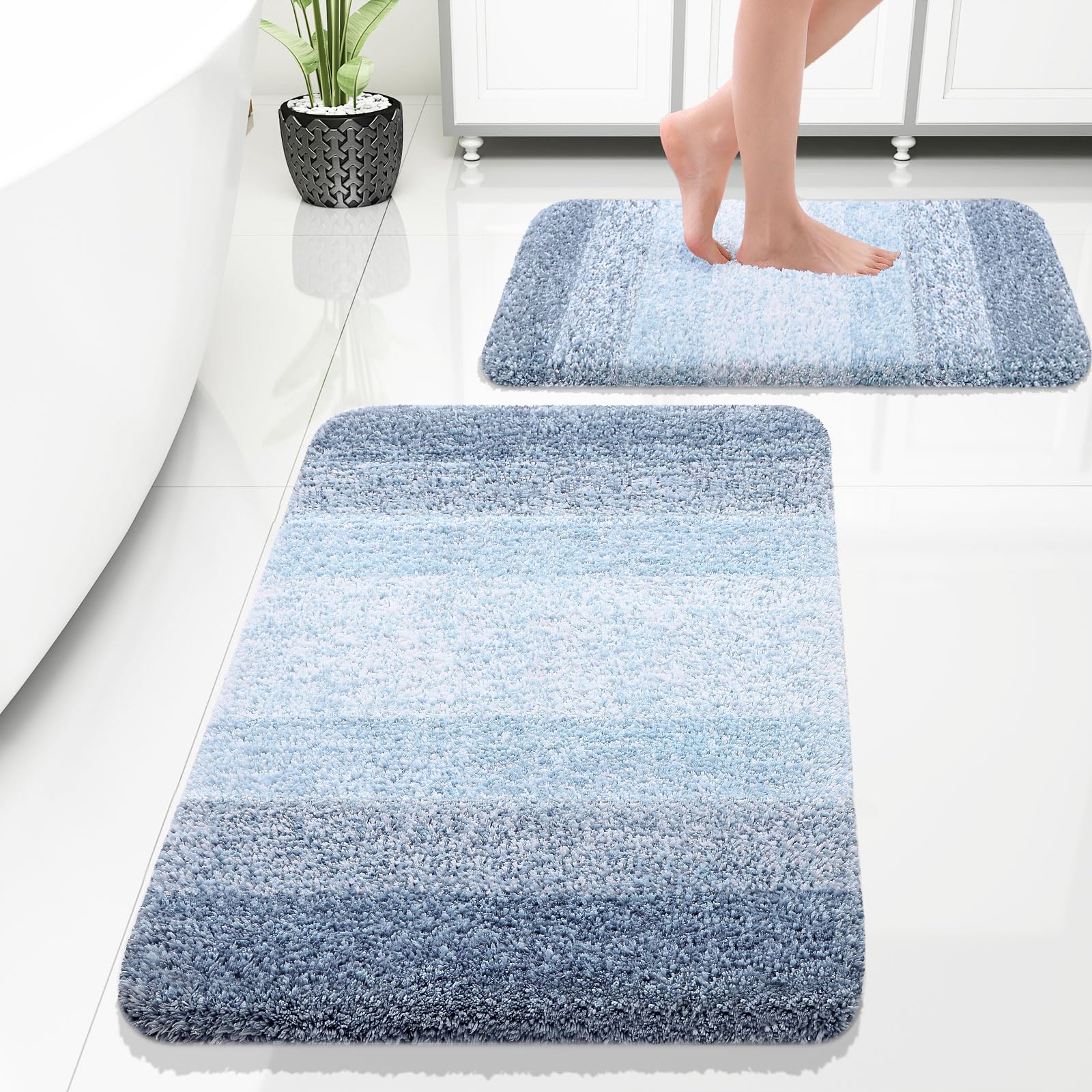 OLANLY Bathroom Rug Set 2 Piece, Soft Absorbent Microfiber Bath Rug Set, Non-Slip, Machine Wash Dry, Plush Shaggy Bath Mats for Bathroom (30"x20"+24"x16", Blue) — image 1