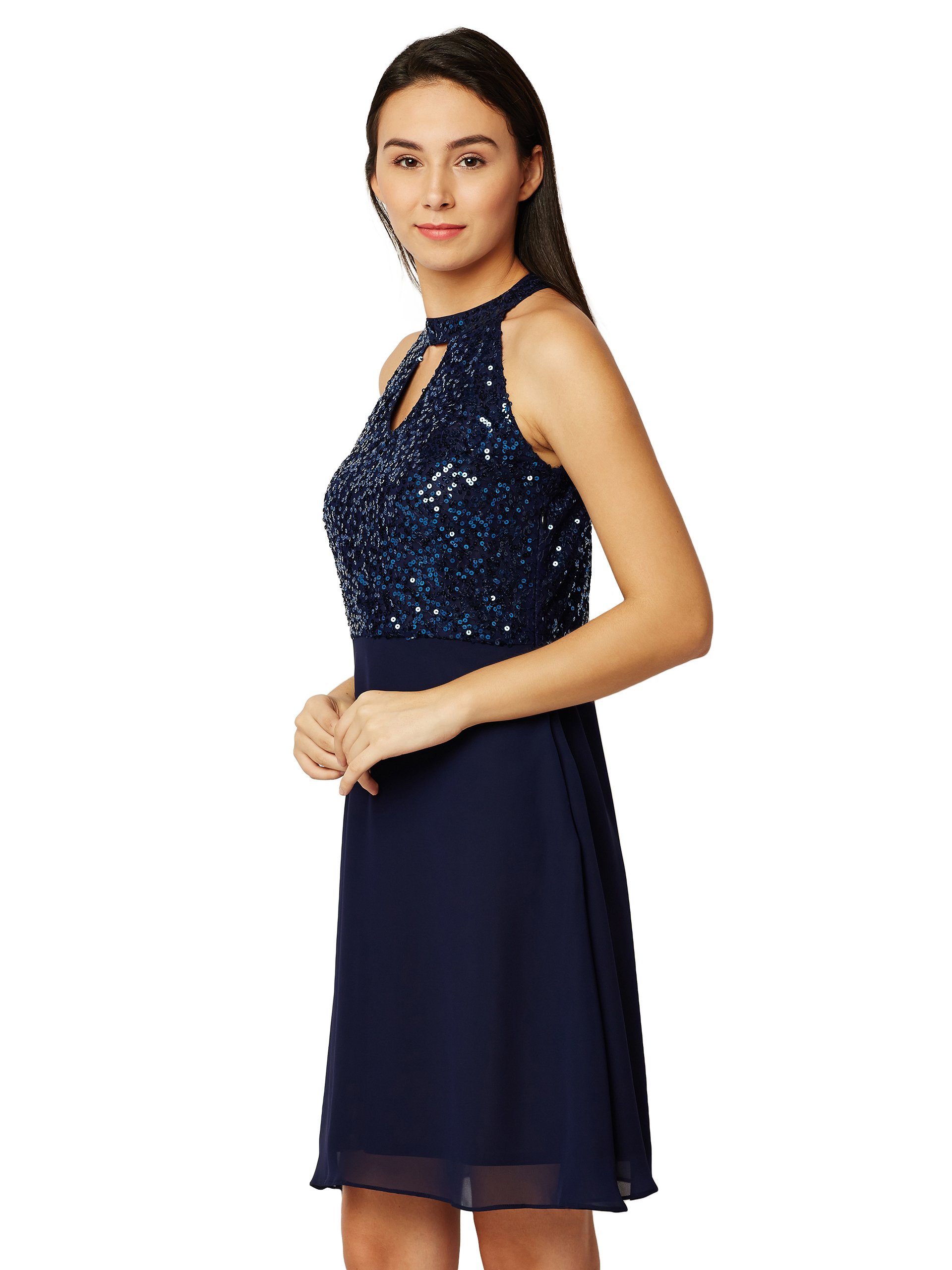 Miss Chase Women's Flowy Sequin Georgette Skater Dress(Mcss18D10-61-71-02,Navy Blue,X-Small)
