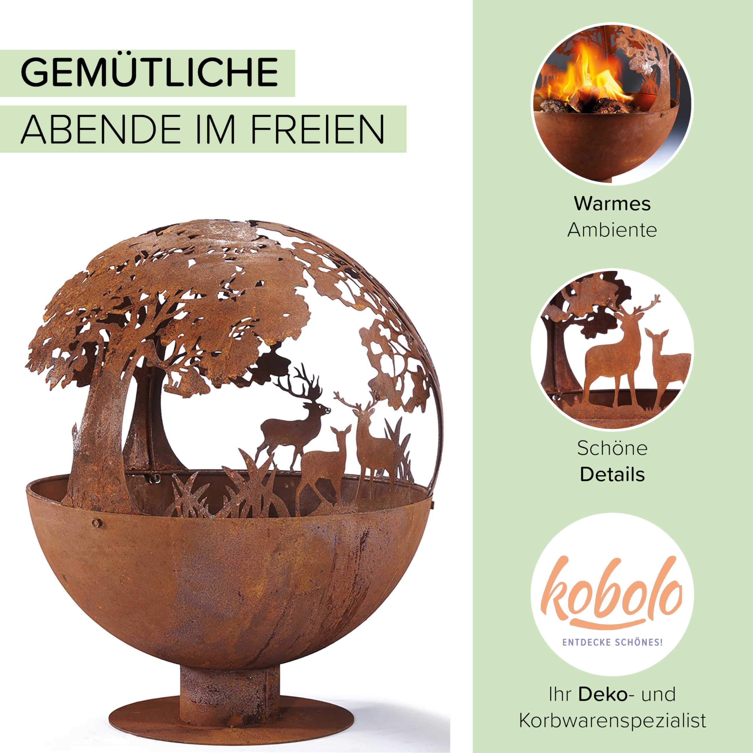 Kobolo Feuerschale Feuerkorb Forest Kugelform rund mit Motiv 50x50x60 cm