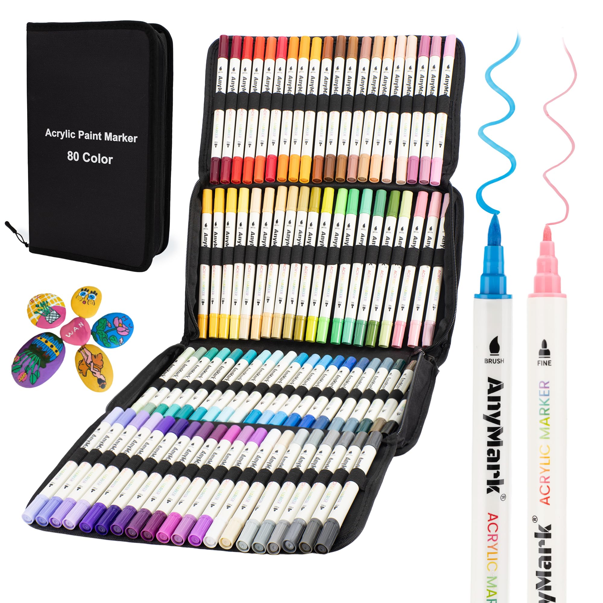 AnyMark 80 Farben Acrylstifte Set – Wasserfeste Dual Tip Acrylmarker (Pinsel und feine Spitze) für Basteln, Papier, Holz, Eier, Leinwand, Keramik & Stoff
