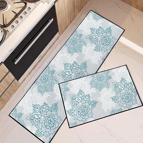 Juego de 2 alfombras y tapetes florales de cocina antideslizantes, lavables, abstractos, verde y blanco, tapetes de cocina para piso, alfombra de