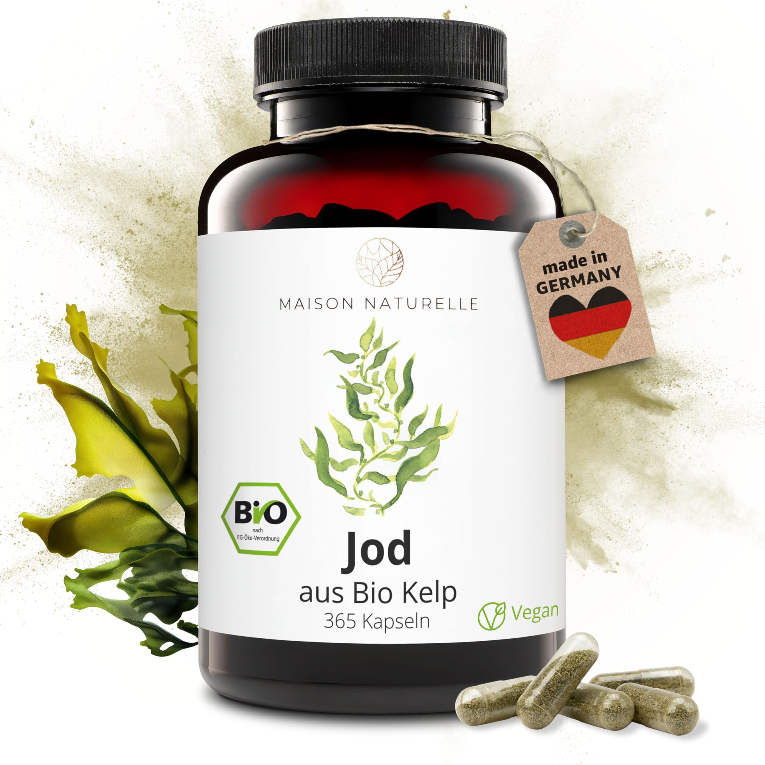 MAISON NATURELLE® Organic Kelp (Natural Iodine) - 365 Capsules - 200μg iod per Capsule - Test Winner 2020 - Kelp Brown Algae Kelp Vegan Iodine Kelp Organic Kelp Kelp Kelp Palgae Iodine Algae Capsules