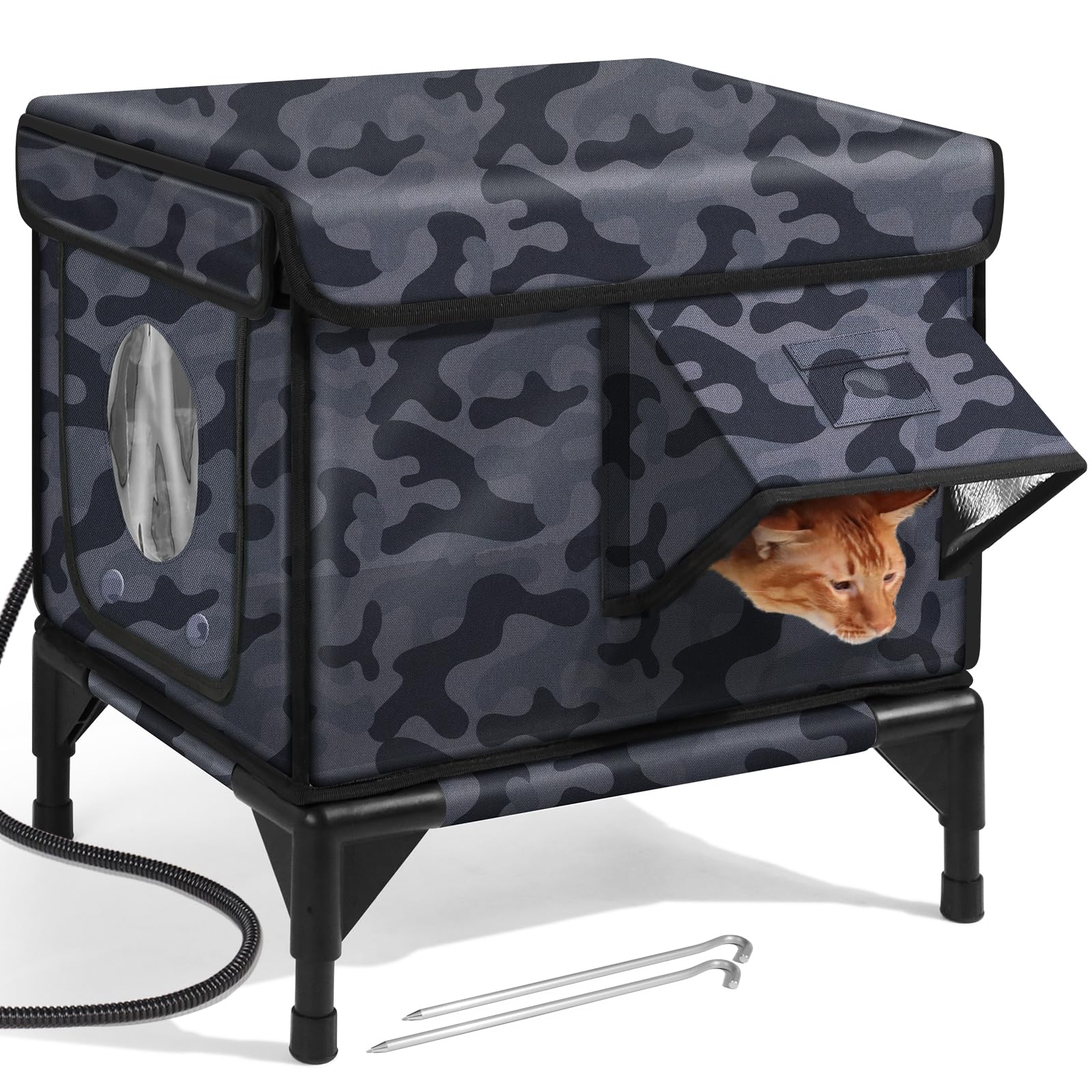 Outdoor Heated Cat House in Winter,Extremely Insulated & Weatherproof,Elevated Feral Cat Shelter with Waterproof Eaves & Escape Door for Outside Stray Barn Cat (Dark Camo,S)