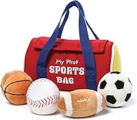 GUND My First Sports Bag Plush Playset - 5-Piece Sensory Toys for Babies 0+, Crinkly Soccer, Rattle Football, Squeaky Basketball