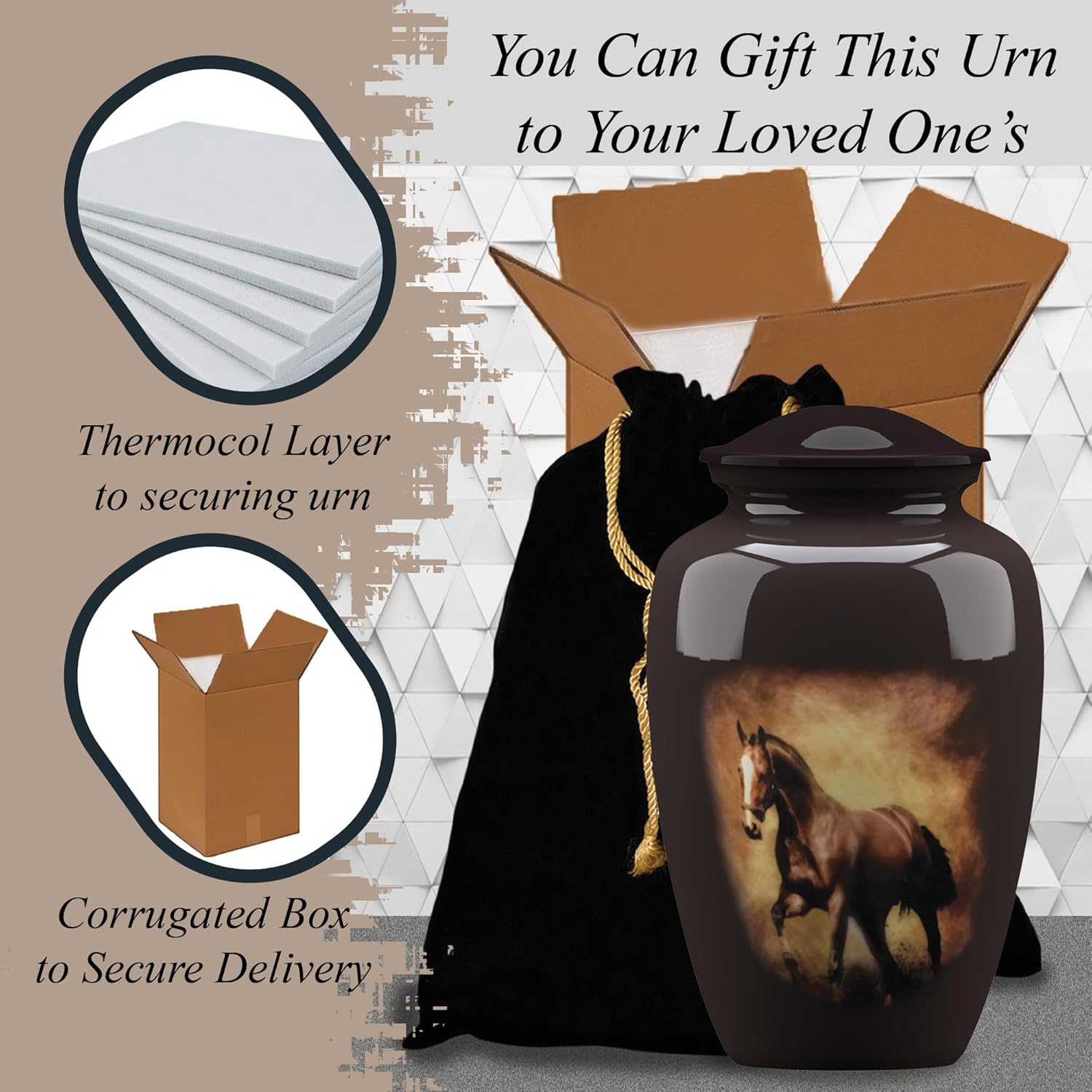 Forever URNS - Large Urn for Ashes Adult Male & Female | Memorial Gifts, Ashes Keepsake l Aluminium Metal, Running Horse Theme | Velvet Protection Box | Memorial Box for Funeral, Brown - 200 cu in - Image 8