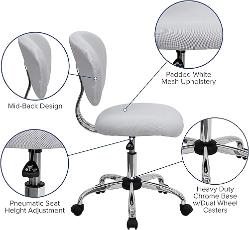 Miniatura 4 de EMMA + OLIVER Silla de oficina giratoria de malla blanca con respaldo medio con base cromada