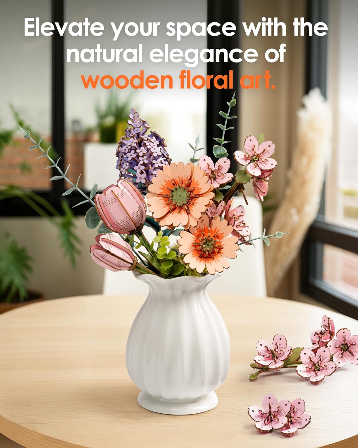 ROBOTIME 3D Puzzle Light Orange Gerbera Daisy TW111, DIY Wooden Flower Craft, Artificial Flowers Model Kit to Assemble for Adults, Home Decoration and Valentine's Day Toy Gift Set