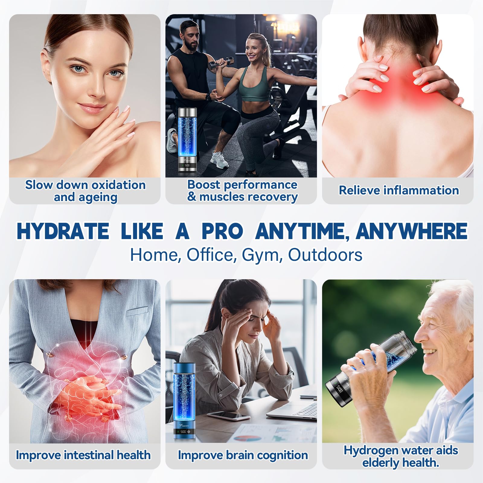 Botella de agua de hidrógeno, generador de botellas de agua de hidrógeno de hasta 6000 PPB, rendimiento atlético portátil y sistema de hidratación, regalo saludable para familiares, amigos, clientes