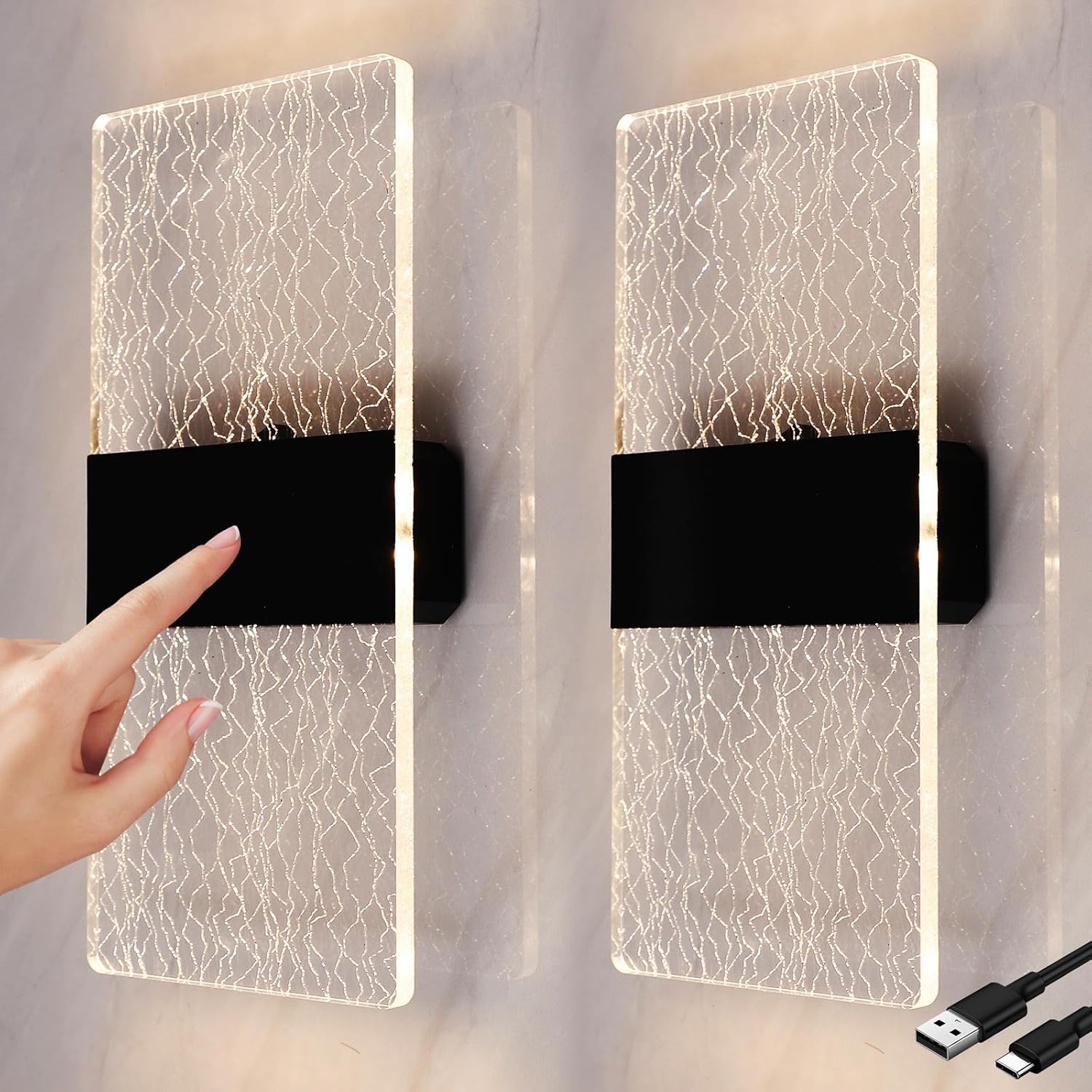 LED Touch Control Wall Lamp, Modern Indoor Light with Switch, USB Rechargeable Battery Light, Magnetic Installation, Wireless Black Sconces Lighting 3000K Brightness Adjustable 2 Pack