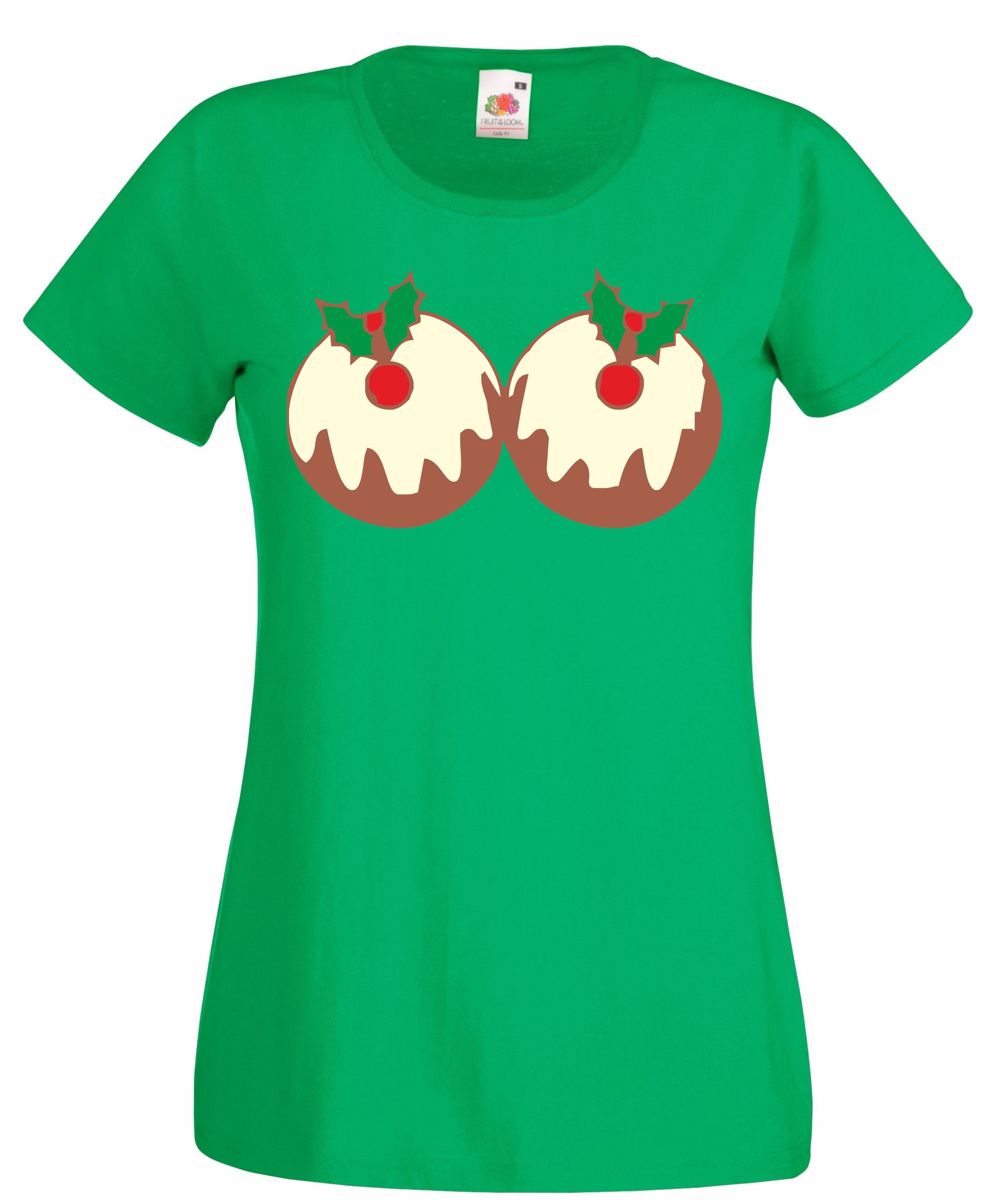 Reality Glitch Women's Christmas Pudding Breasts T-Shirt Irish Green