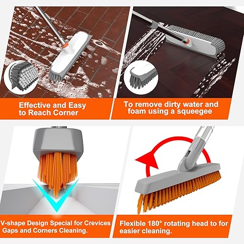 Miniatura 5 de Cepillo de Fregar Pisos de Servicio Pesado y Herramienta Limpiadora de Lechada con Mango Largo, Cepillo de Cubierta con Cerdas Rígidas, Fregador