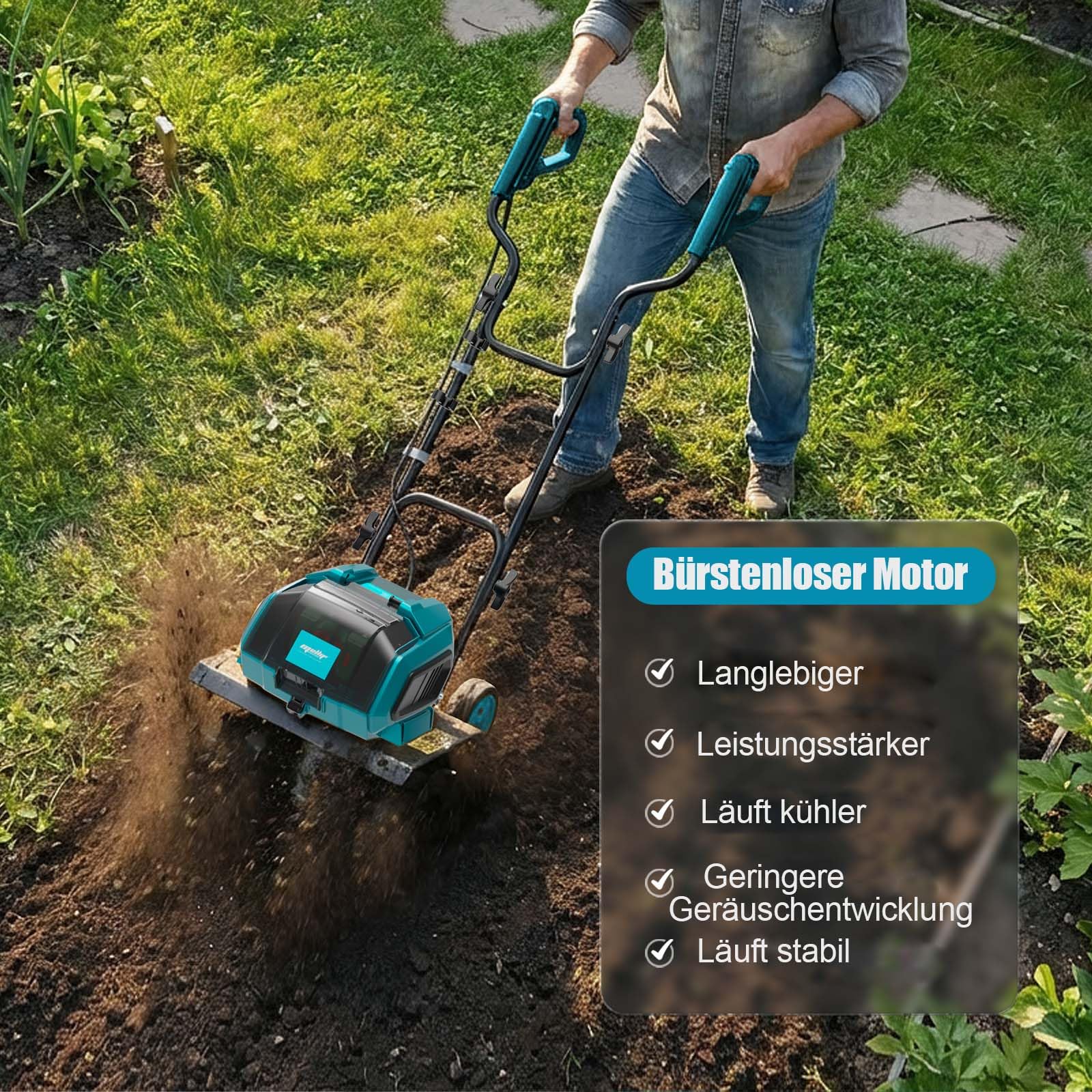 Mellif Akku-Gartenfräse für Makita 18V Akku – 22 cm Arbeitstiefe, 32 cm Arbeitsbreite, bürstenloser Motor, 2-Punkt-Sicherheitsschalter, klappbares Design, 16 Stahlzinken (ohne Akku)