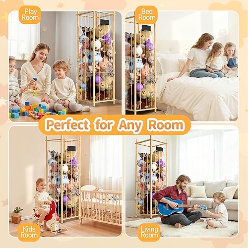 Miniatura 9 de Almacenamiento y organizador de animales de peluche, soporte de zoológico de madera gruesa, jaula de juguetes de felpa de capacidad extra grande