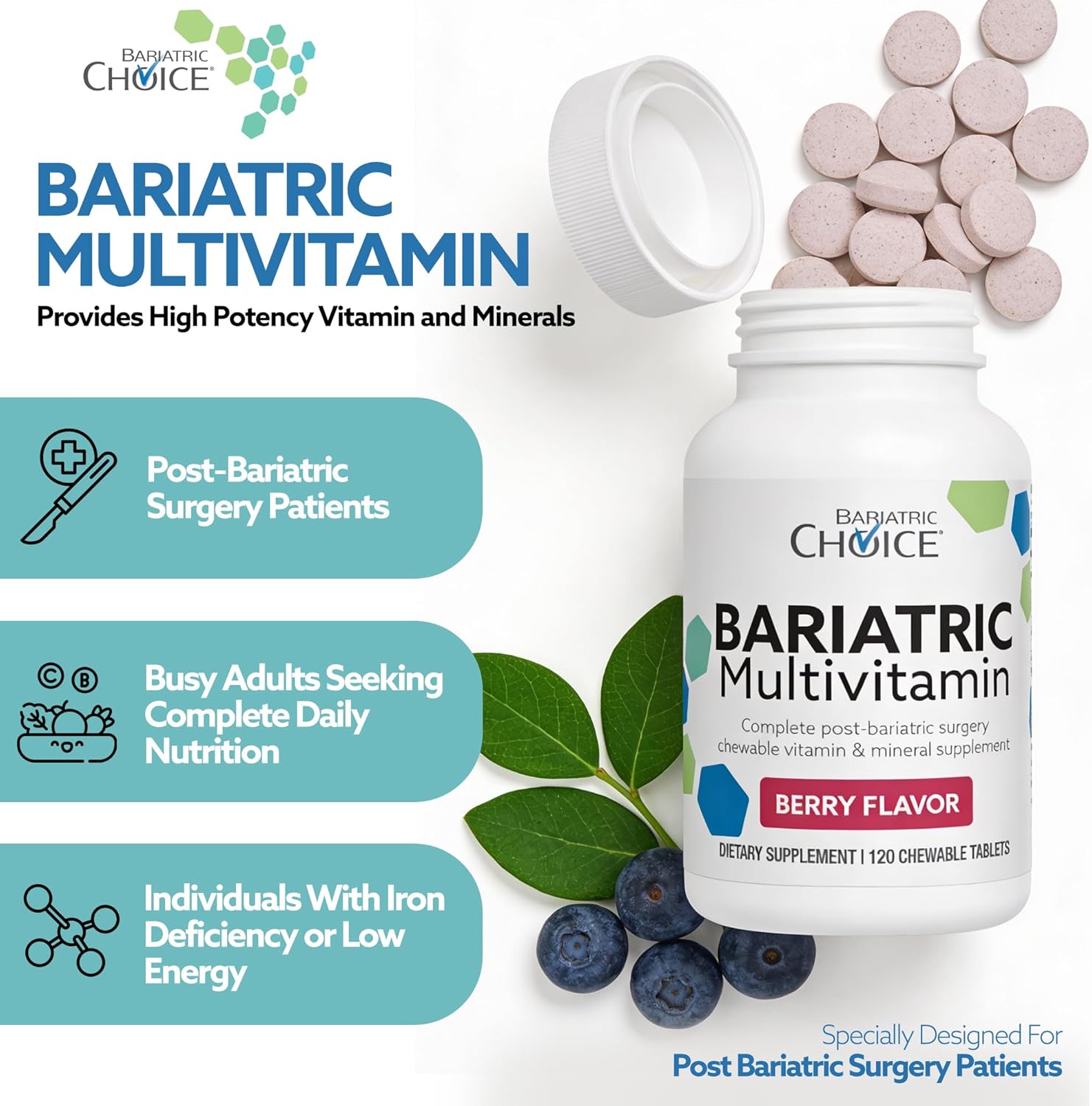 Bariatric Choice My Bariatric Chewable Multivitamin with Iron & 300mg Calcium, Berry (120ct)