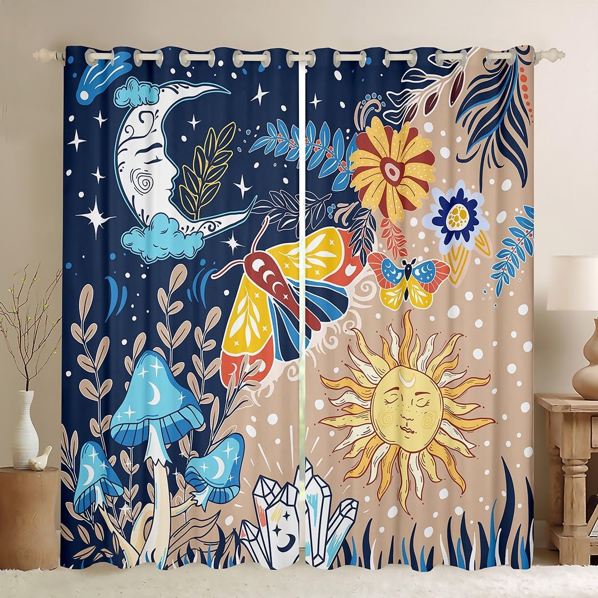 Colorful Cute Moth Kids Window Curtains 2 Panels 52Wx96L Sun Moon Mushroom Glitter Diamond Window Drapes for Boys Girls Teens Adults Cartoon Flowers Wild Butterfly Curtains for Living Room