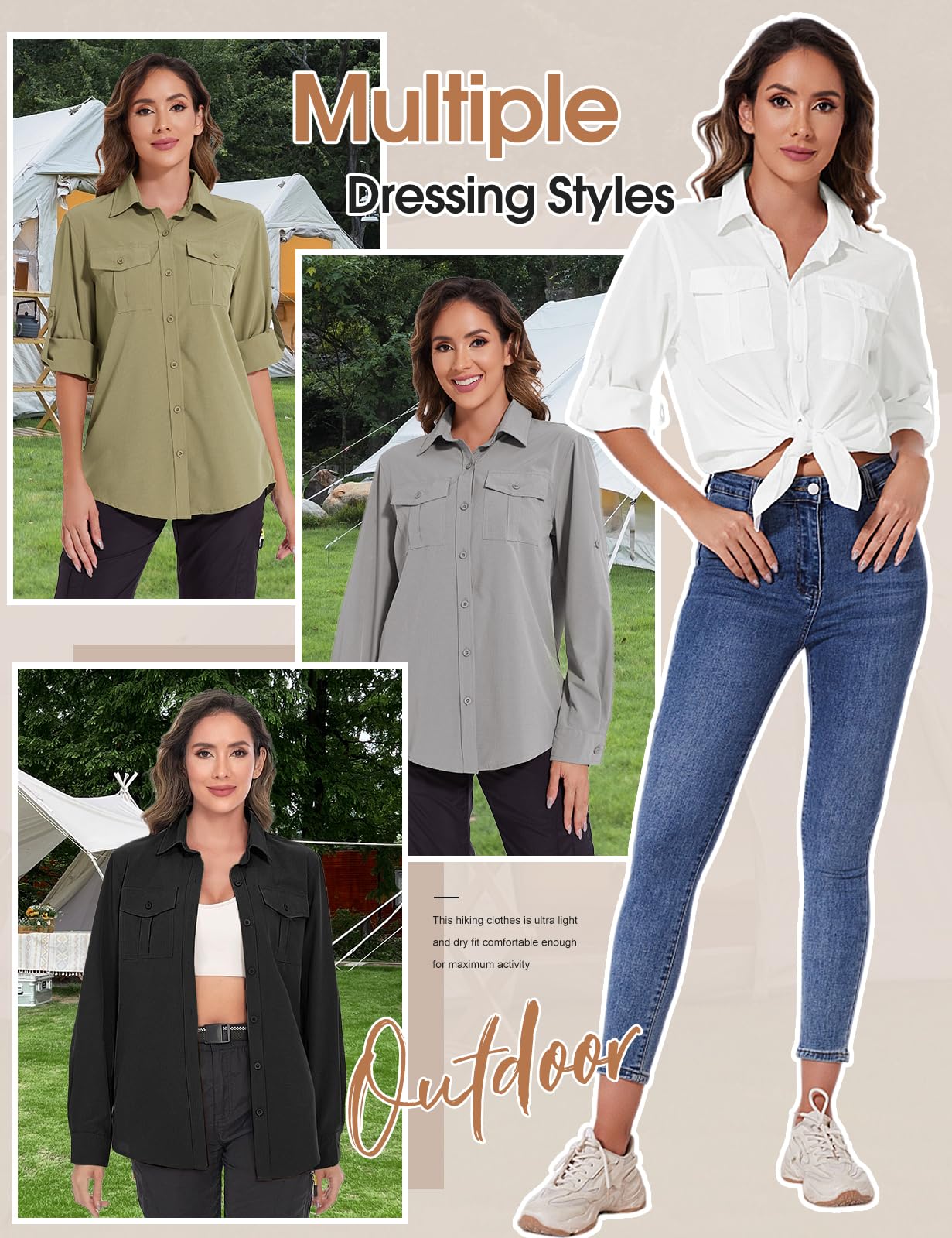 Tuopuda Blusa de Manga Larga para Mujer con Cuello en V Suelta Camisa de Secado Rápido con Bolsillos,UPF 50+Protección UV Informal Top Deportivo para Safari,Camping,Viajes