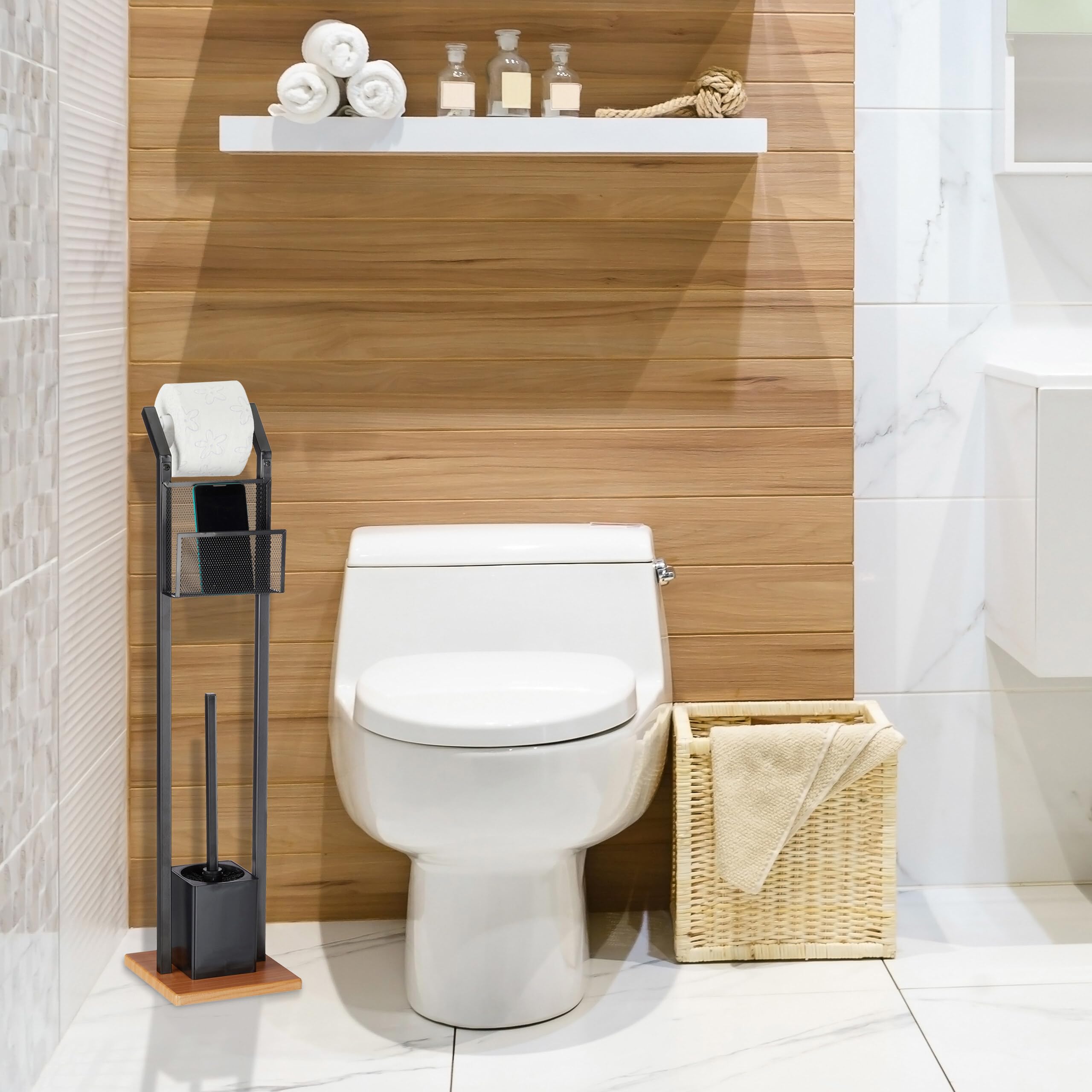 Relaxdays Ensemble WC AV. étagère, Brosse WC et dérouleur Papier, Support pour Portable, Aspect Bois, H 78 cm, Noir