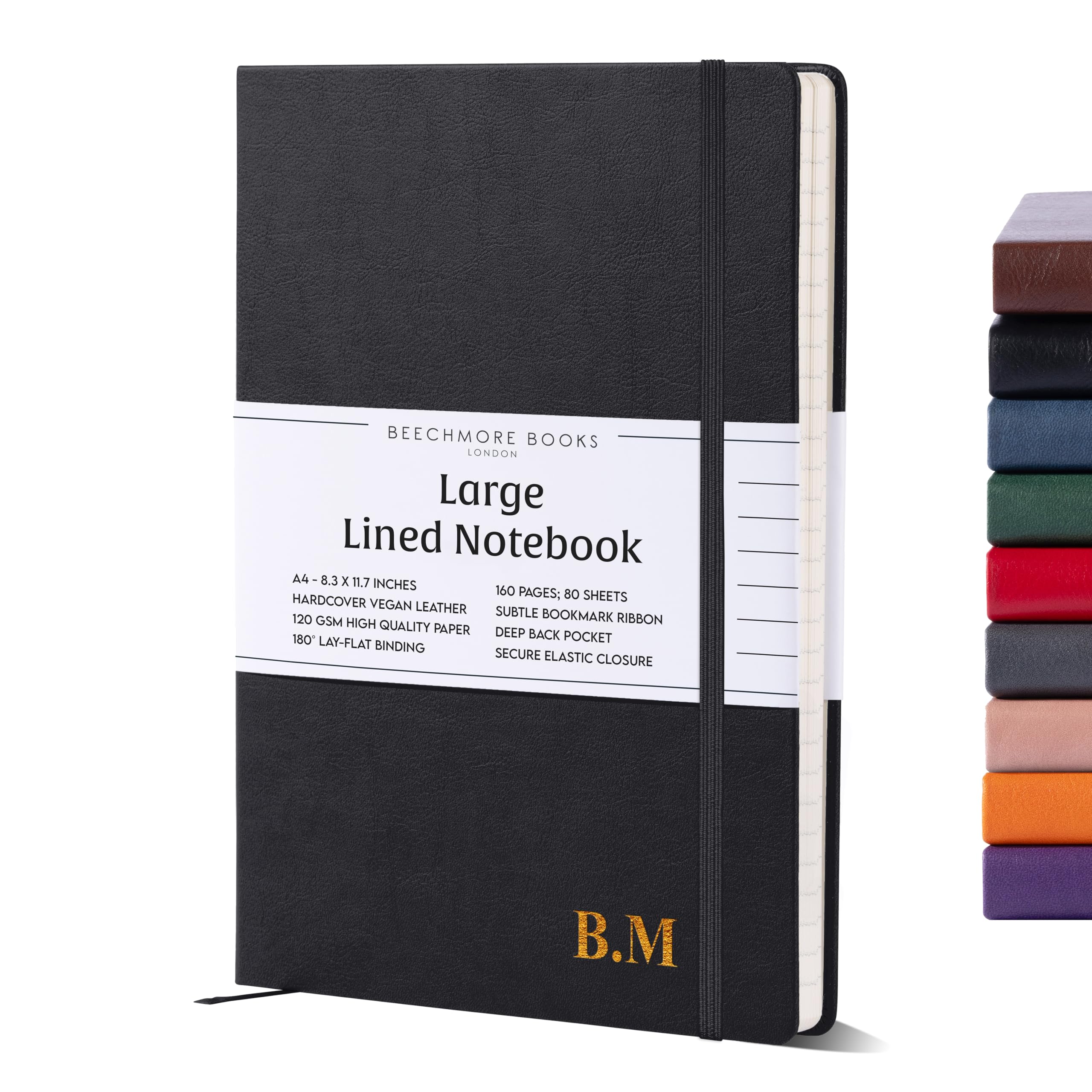 Beechmore Books Ruled Journal Notebook - XL A4 Black 160 Lined Pages 8.5 x 11.5 | Monogram Leather Daily Journals For Writing - Thick 120gsm Cream Paper | Gifts for Men, Women