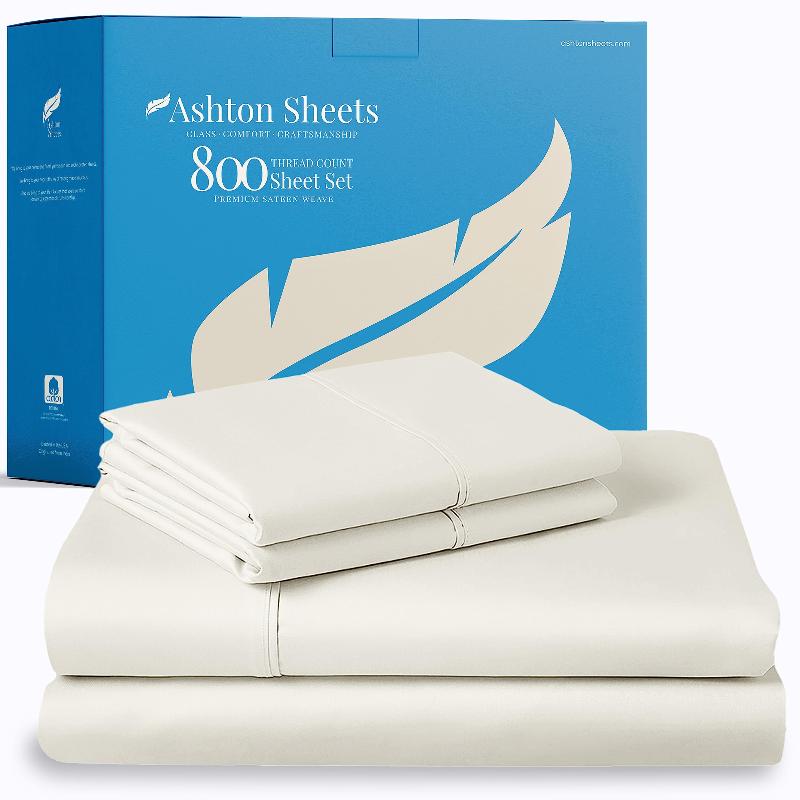 Ashton Sheets 100% Egyptian Cotton Sheets King Size Bed Set - 4 PC 800 High Thread Count Egyptian Cotton King Sheet Set (Ivory) Soft, Cooling, 16" Deep Pocket Sateen Weave Luxury Hotel Bedsheet