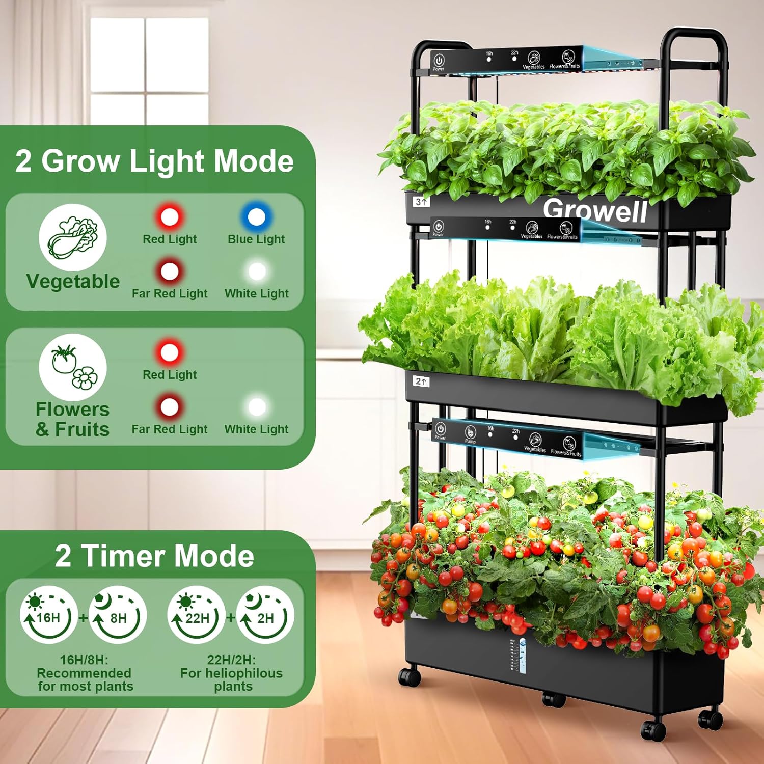 Growell Large Hydroponics Growing System, 90 Pods Vertical Hydroponic Garden with 2 Light Modes Grow Light, Auto Circulating Water System, 40L Indoor Gardening System for Herb Vegetable Fruit - Image 5