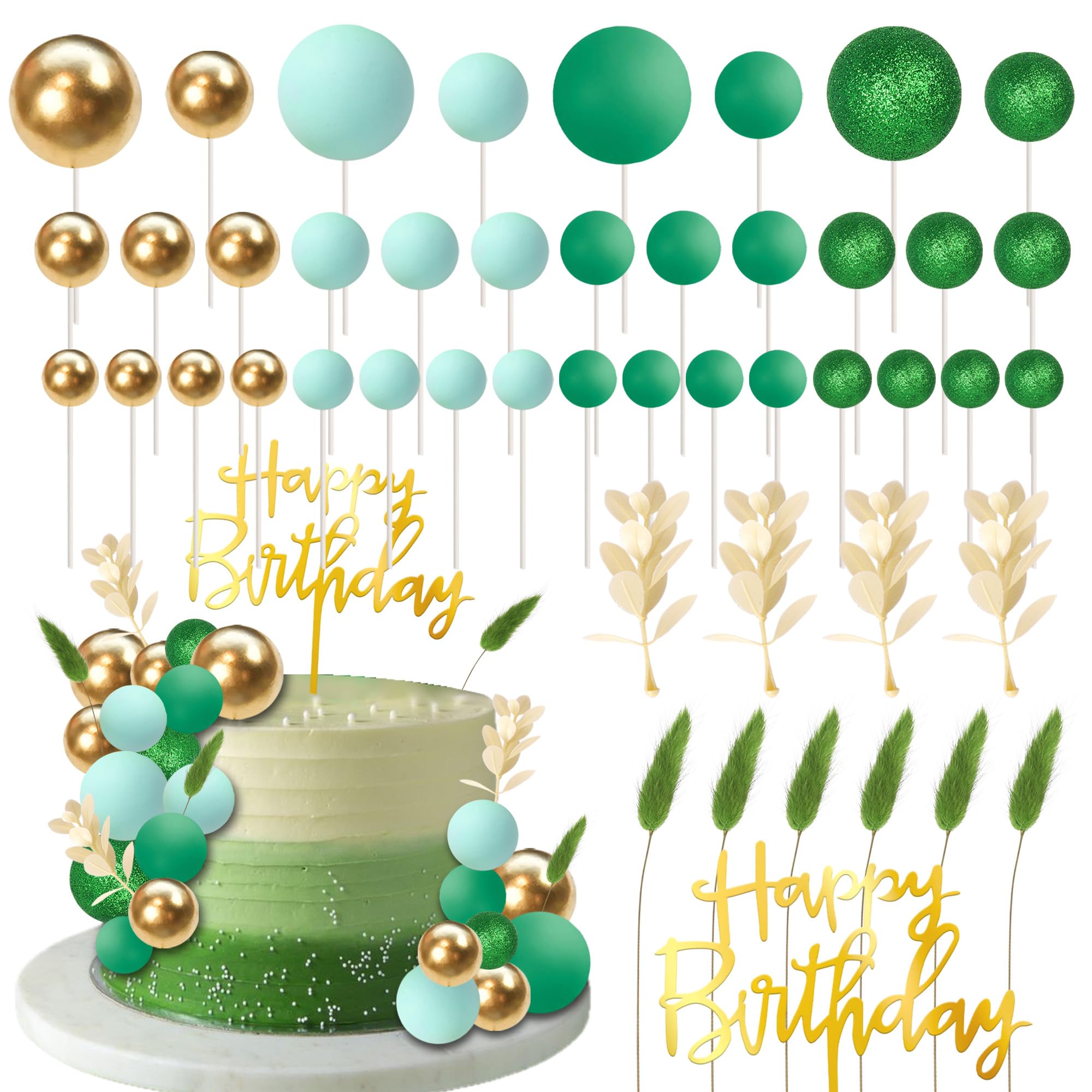 SYKYCTCY 59 Pack Balls Cake Toppers Grass Cake Picks Happy Birthday Mini Balloon Foam Leaves DIY Cake Decorations for Baby Shower Kids Boys Girls Birthday Theme Wedding Anniversary Party Supplies — image 1