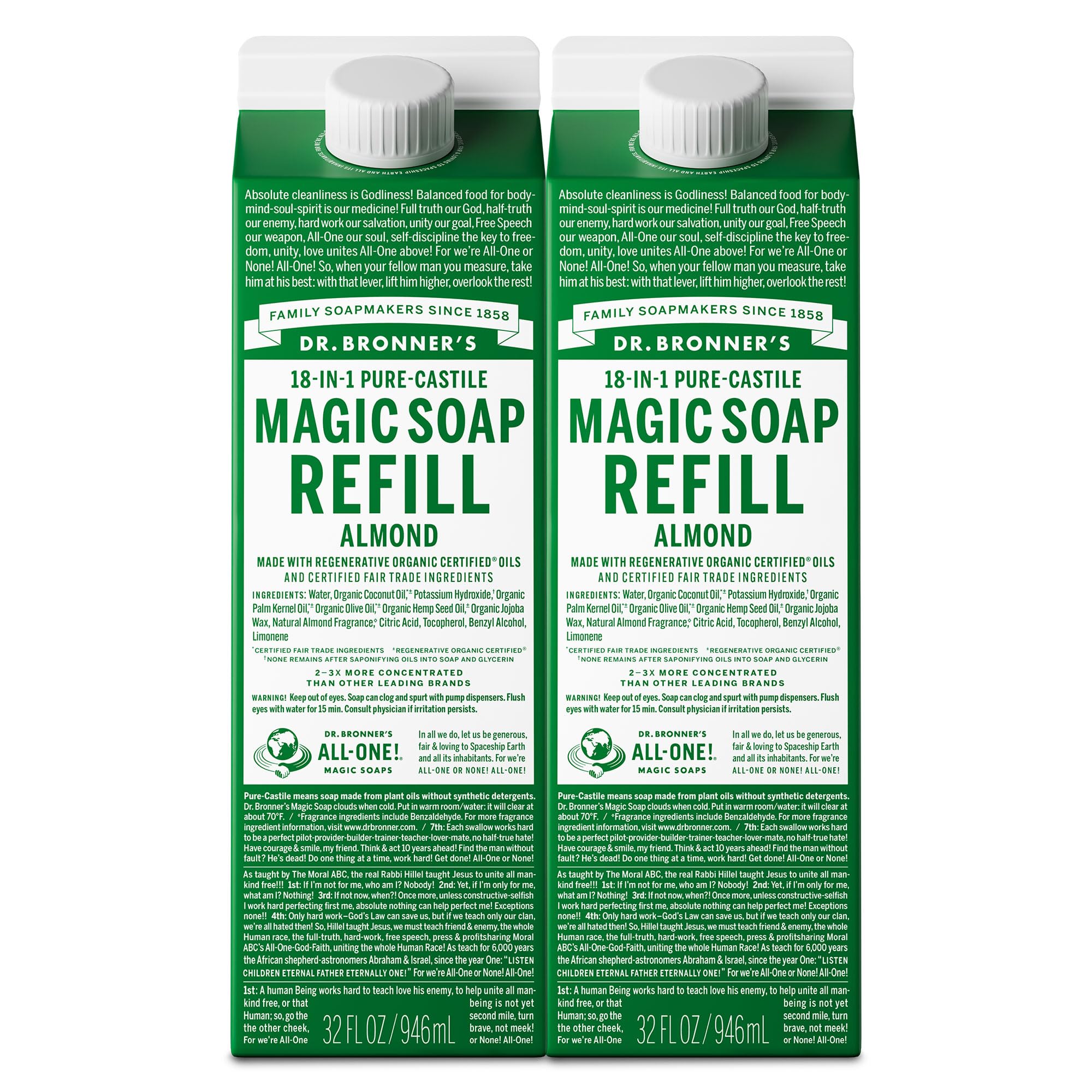 Dr. Bronner's Magic Soap Pure-Castile Liquid Soap Refill - Made with Regenerative Organic Certified Oils - 18-in-1 Uses for Face, Body Wash, Hand Soap Refill, Vegan Bath Soaps- Almond, 2-Pack, 32oz