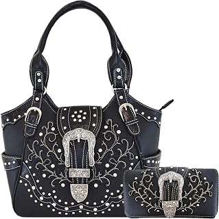 Western Style Tooled Leather Buckle Concealed Carry Purse Country Handbag Women Shoulder Bag Wallet Set (#4 Black Set)
