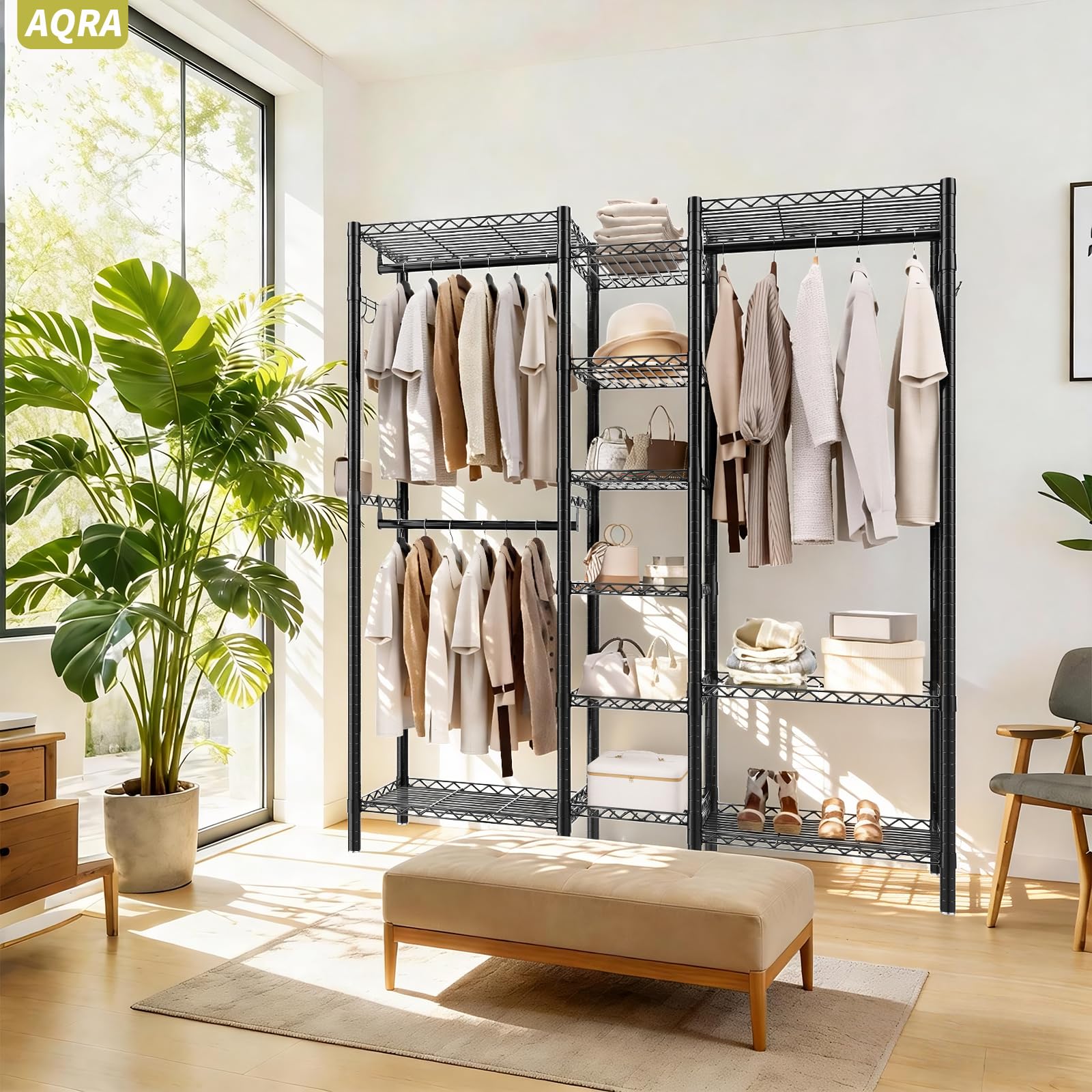 AQRA Appendiabiti da Terra Metallico, Armadio Aperto Cabina Componibile | 3 aste per abiti, ganci laterali, portata massima 372kg, dimensioni 144×42×193cm