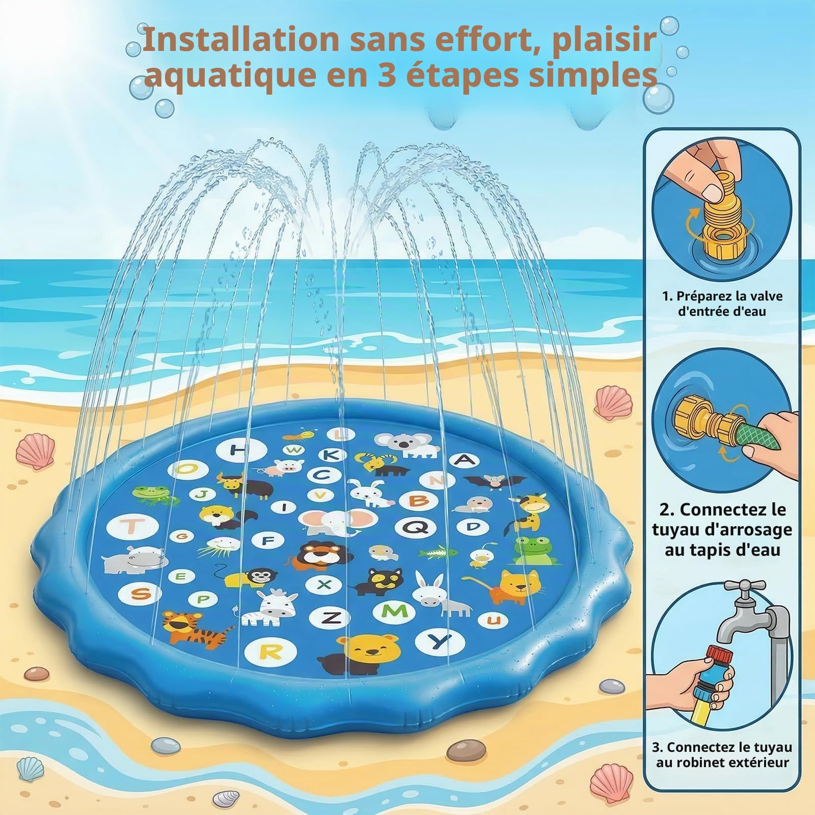 Tapis Jet d’Eau 170cm Splash Pad pour Enfants et Chiens avec 3 Hauteurs de Jet Réglables Tapis de Pulvérisation d’Eau Motif Fleur Bleu Ciel, Jeux d’Eau Extérieur pour Jardin Été Cadeau