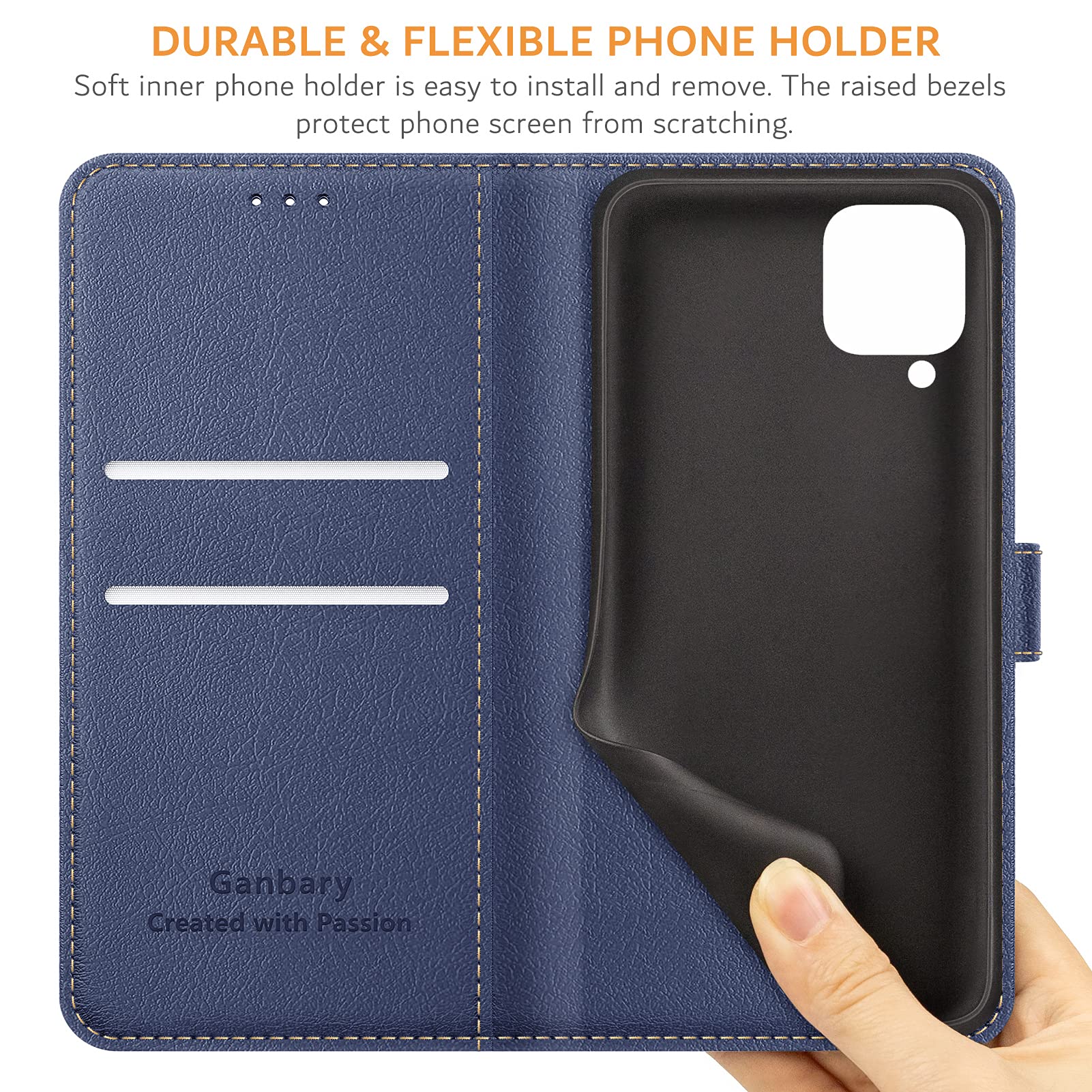 Ganbary Cover Compatibile con Samsung Galaxy A12 / M12, 360 Protettiva Caso in PU Pelle Premium Portafoglio Custodia per Samsung Galaxy A12 / M12, [Kickstand] [Slot per Schede]-Blu