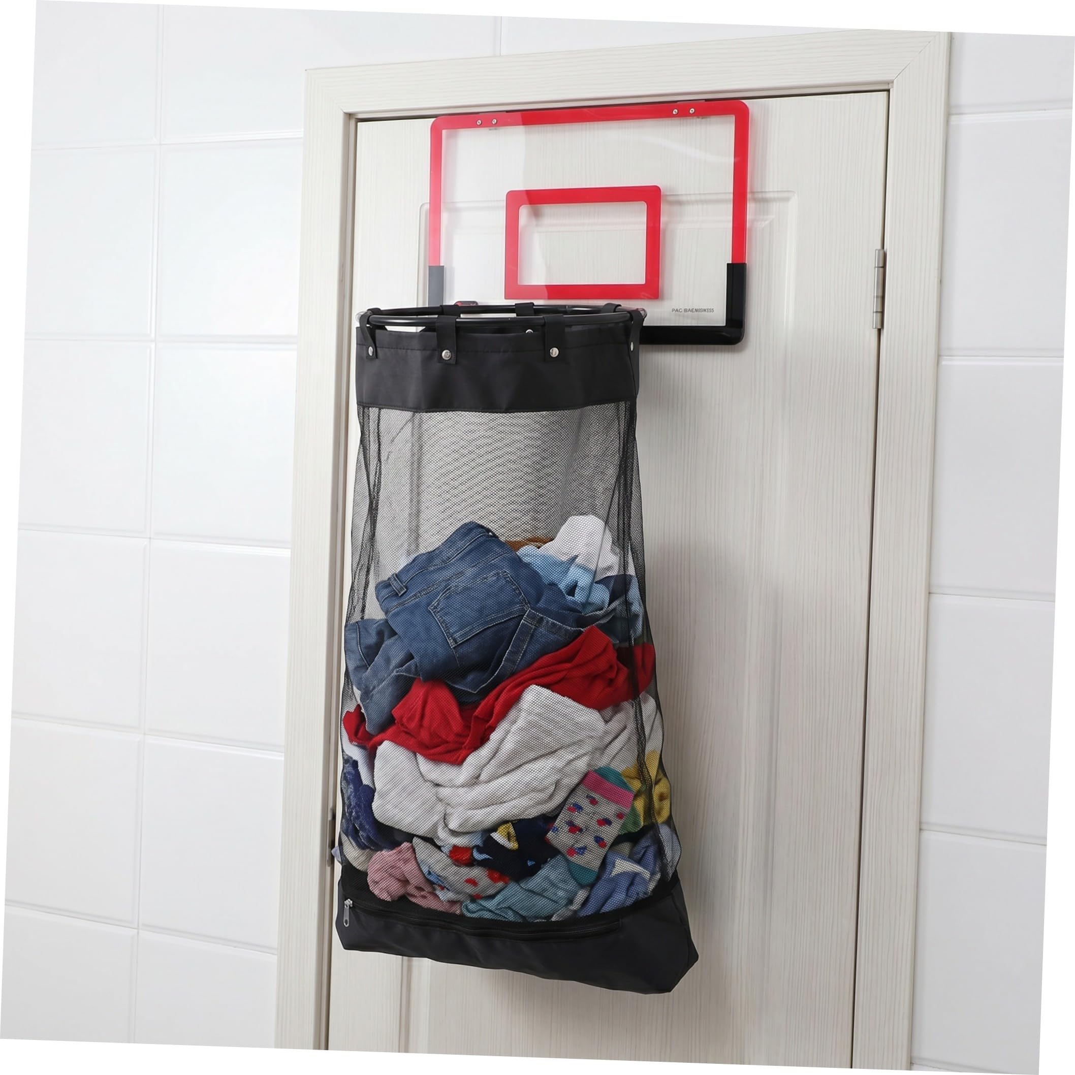 TOYANDONA Basketball Wäschekorb mit Reifen, Rot, 106x40x33 Cm | Kunststoff mit Reißverschluss, Universalhaken zur Montage, für Jugendzimmer und Kleine Wohnungen
