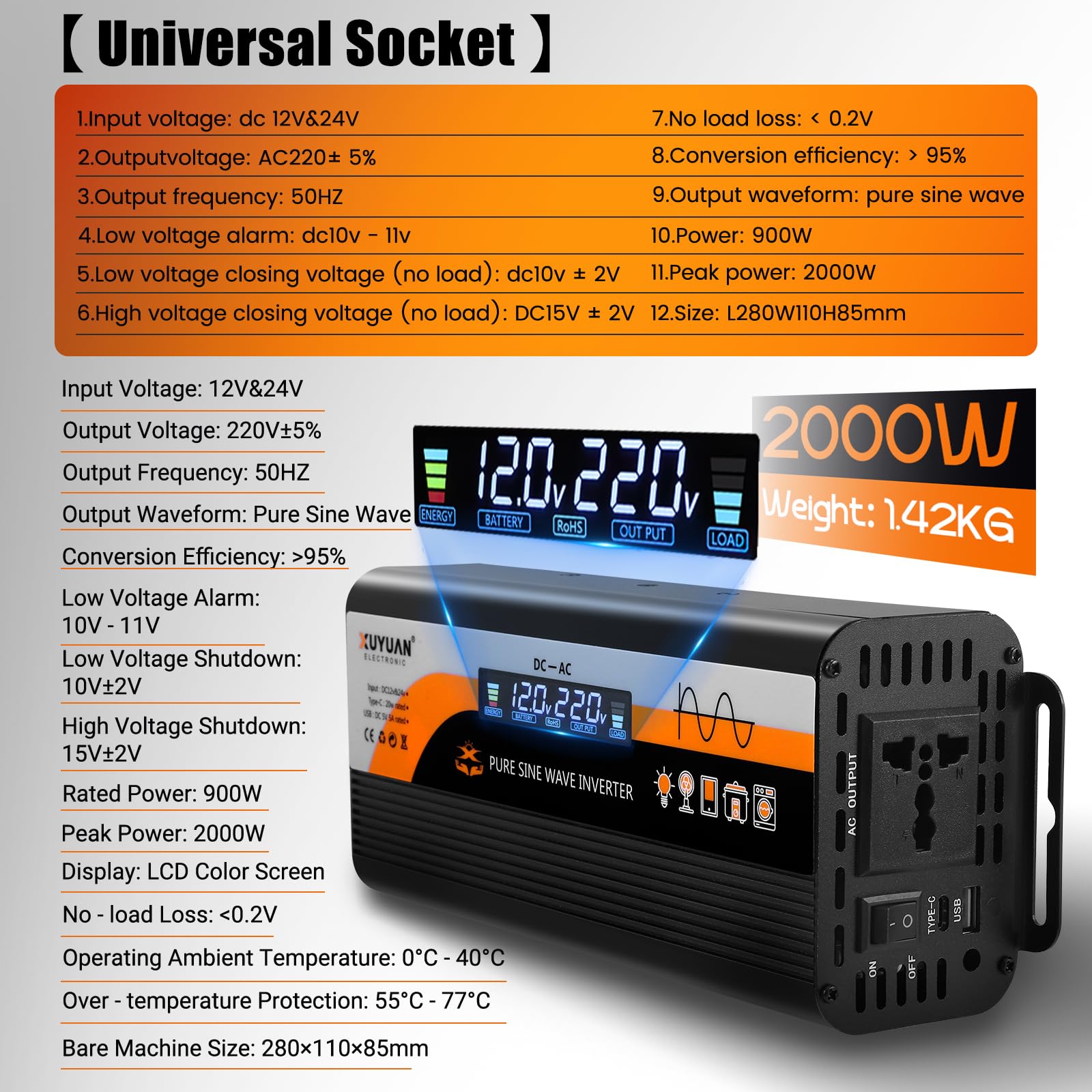 Reiner Sinus Wechselrichter 2000W - 12V/24V Auf 230V Mit USB-C & Steckdosen