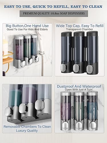 Miniatura 5 de RANKADO - Dispensador de jabón de ducha de lujo, 3 cámaras, sin taladro, dispensador de champú y acondicionador para baño, montado en la pared con