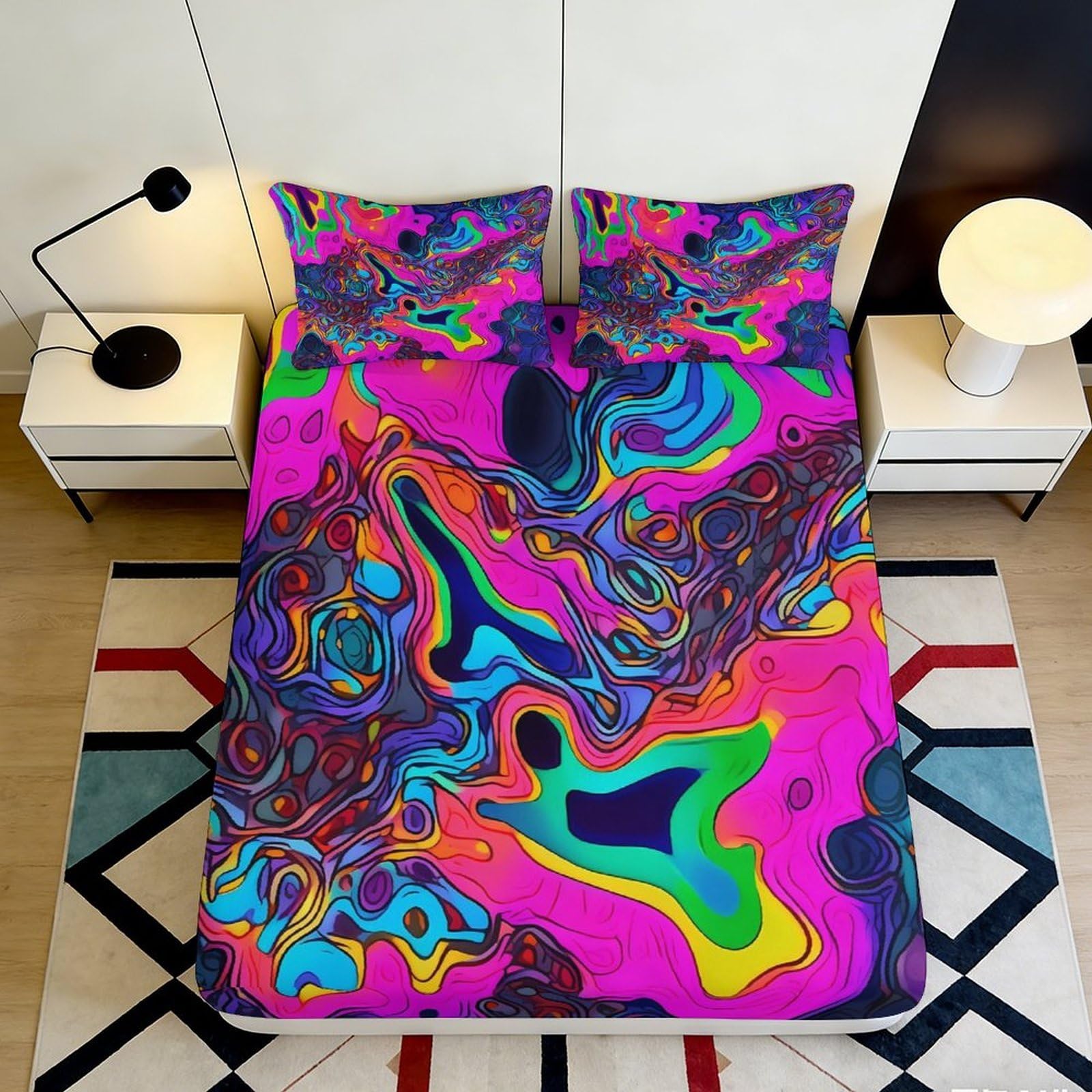 3D Printed Psychedelic Swirl Fitted Sheet Microfiber Vibrant Abstract Mattress Cover for Bedroom Dorm Decor Easy Care 140x200x25cm