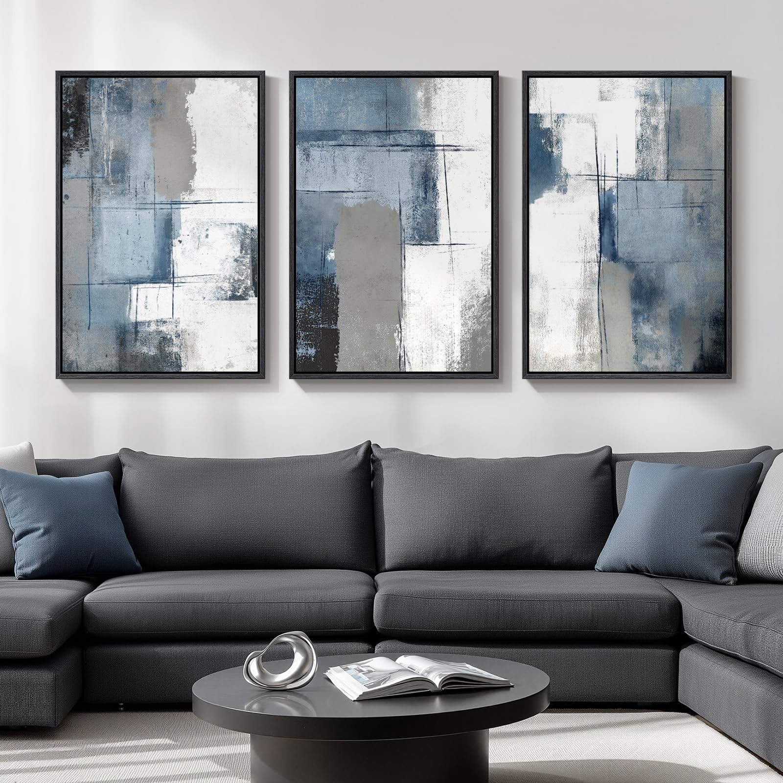 Large Framed Blue and Gray Modern Abstract Wall Art, 3 Piece Set, 20x30 In | Minimalist color block pictures, Canvas prints, Wood frame, Artwork for walls, Wall decor for living room bedroom hallway