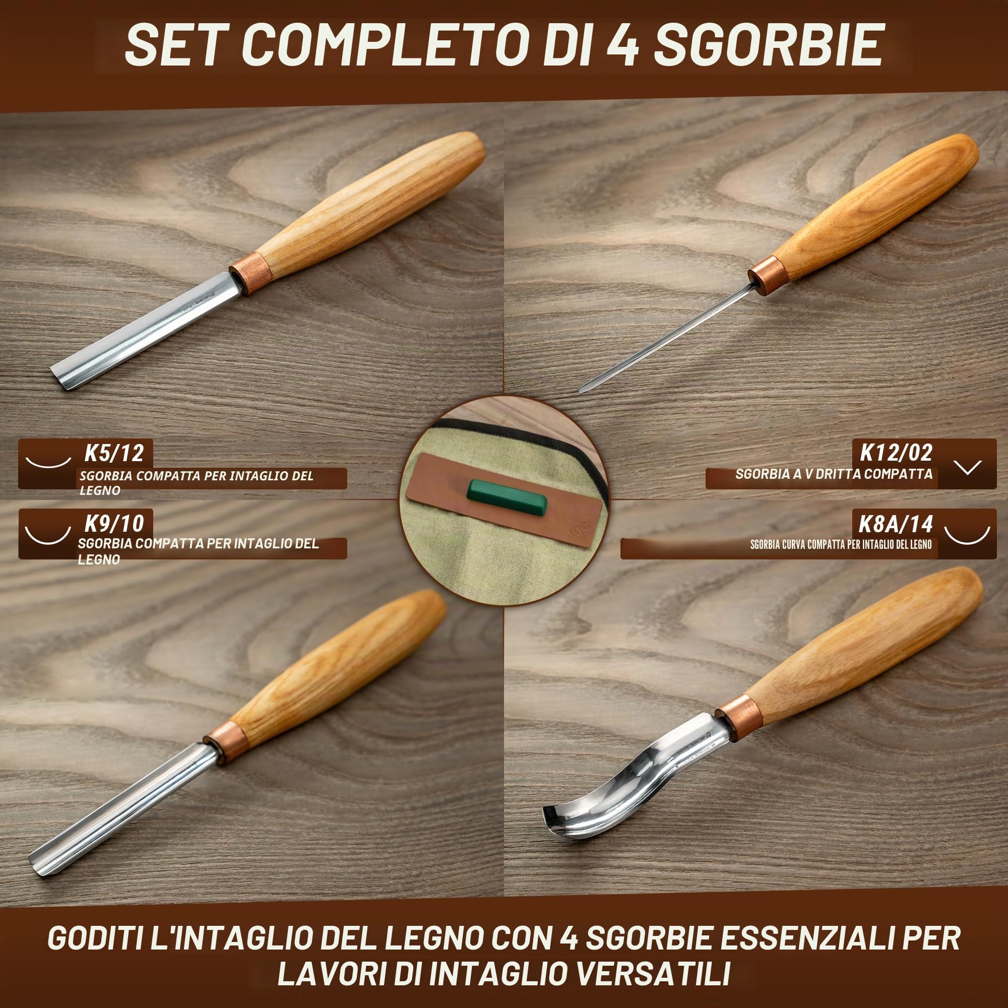 BeaverCraft Set di scalpelli per intaglio del legno SC01 Sgorbia Kit di utensili per intaglio del legno in una custodia con cinturino in pelle Scalpelli radiali Scalpello piatto Scalpello curvo