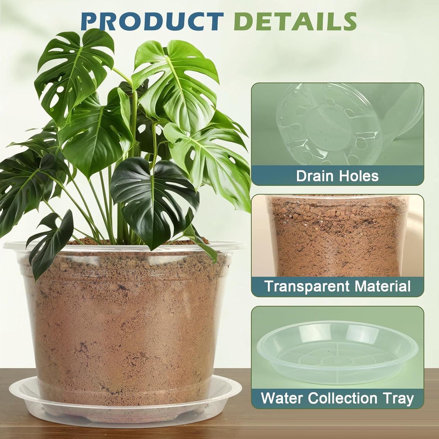 6/8/10 Inch Large Size Clear Nursery Pots with Drainage and Saucers, 9 Pack Plastic Plant Pots for Seedling Starter, Durable Plastic Pots for Indoors