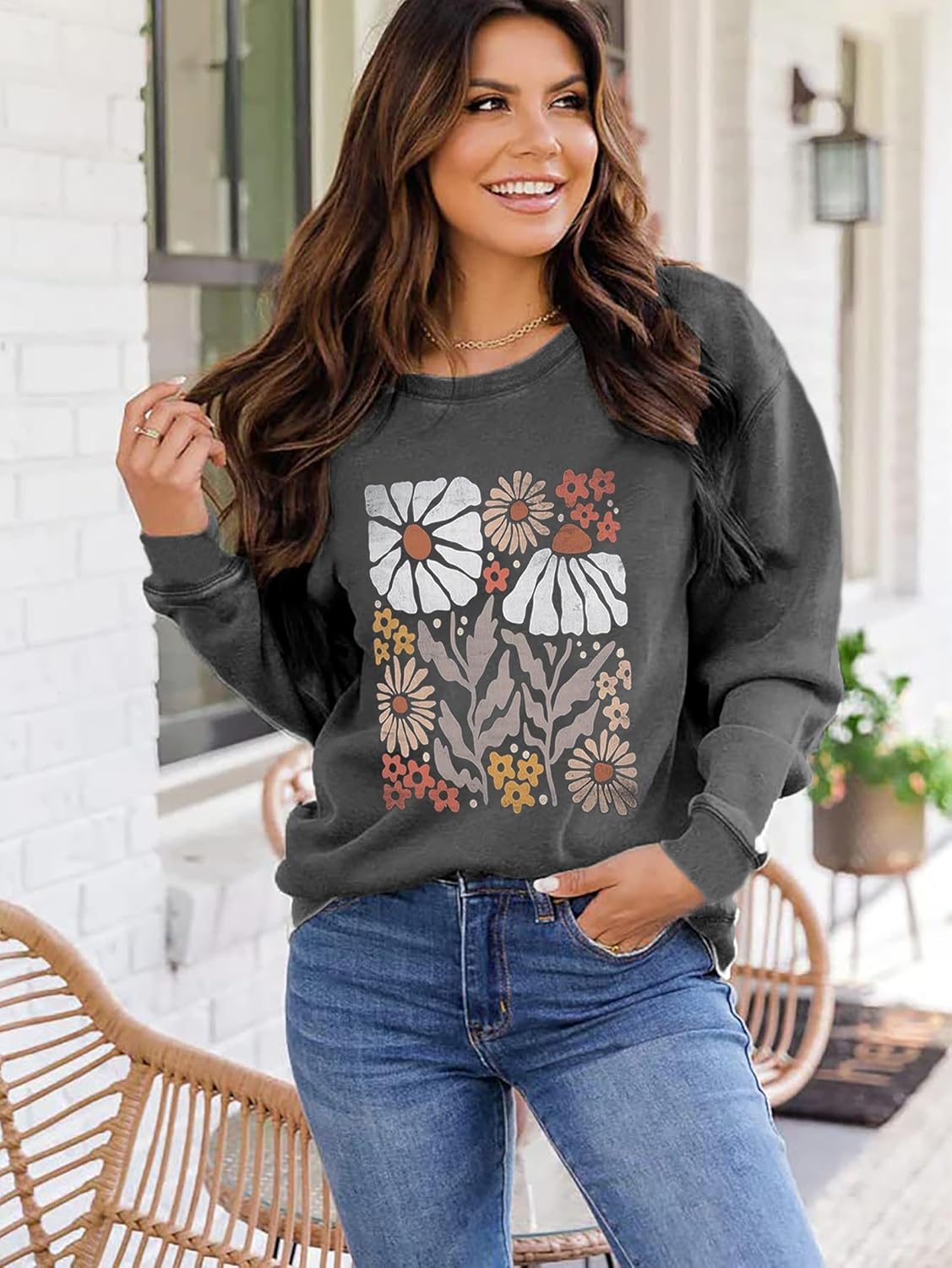 Flower Sweatshirt Women Wildflower Shirts Vintage Minimalistic Flower Print Sweatshirt Fall Autumn Pullover Tops - Image 5