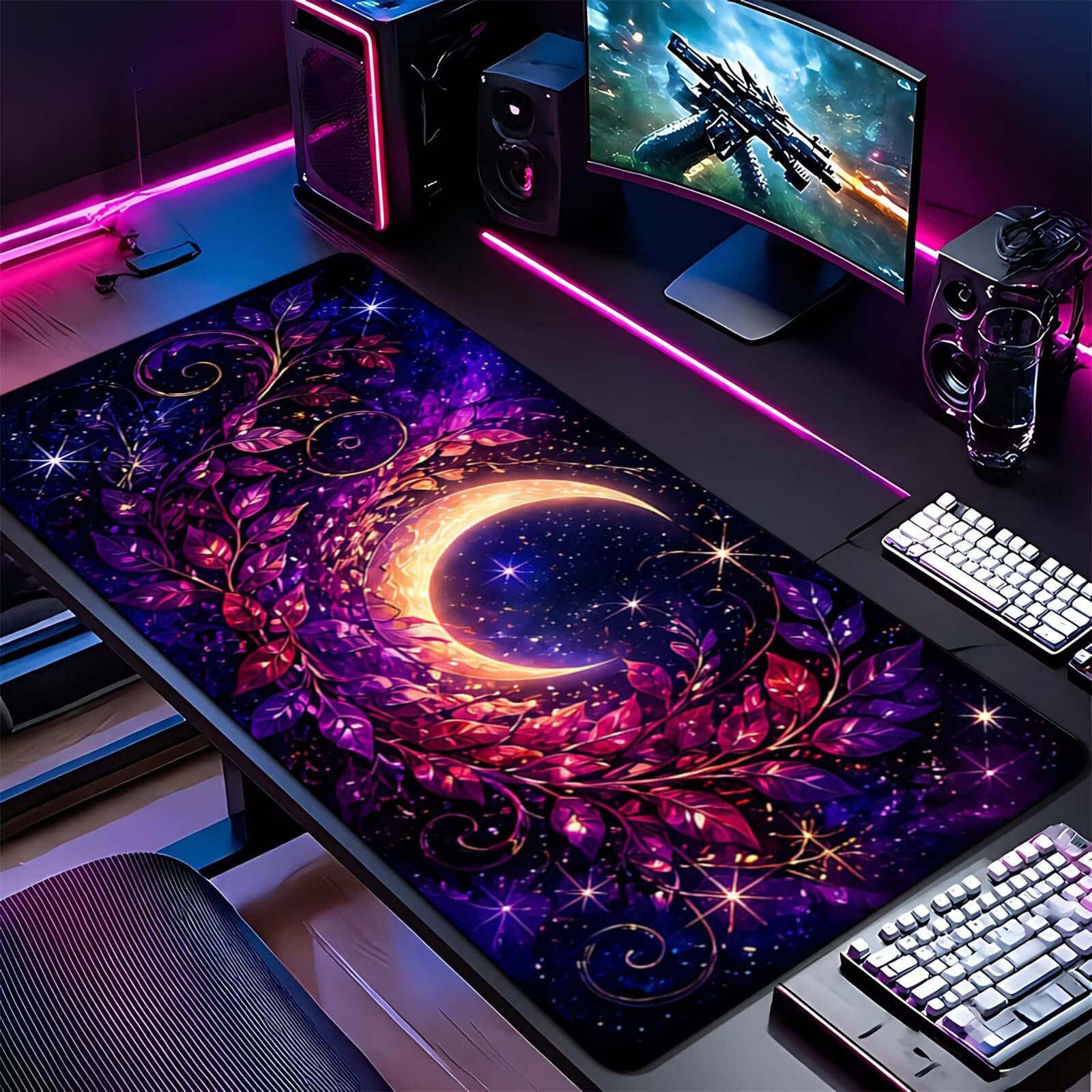 Grand Tapis de Souris de Jeu 1000x500x2 mm Mouse Pad Gaming Vigne Florale Ciel Étoilé Bleu Tapis de Bureau Antidérapant avec Bords Cousus pour Bureau, Études, Gamer