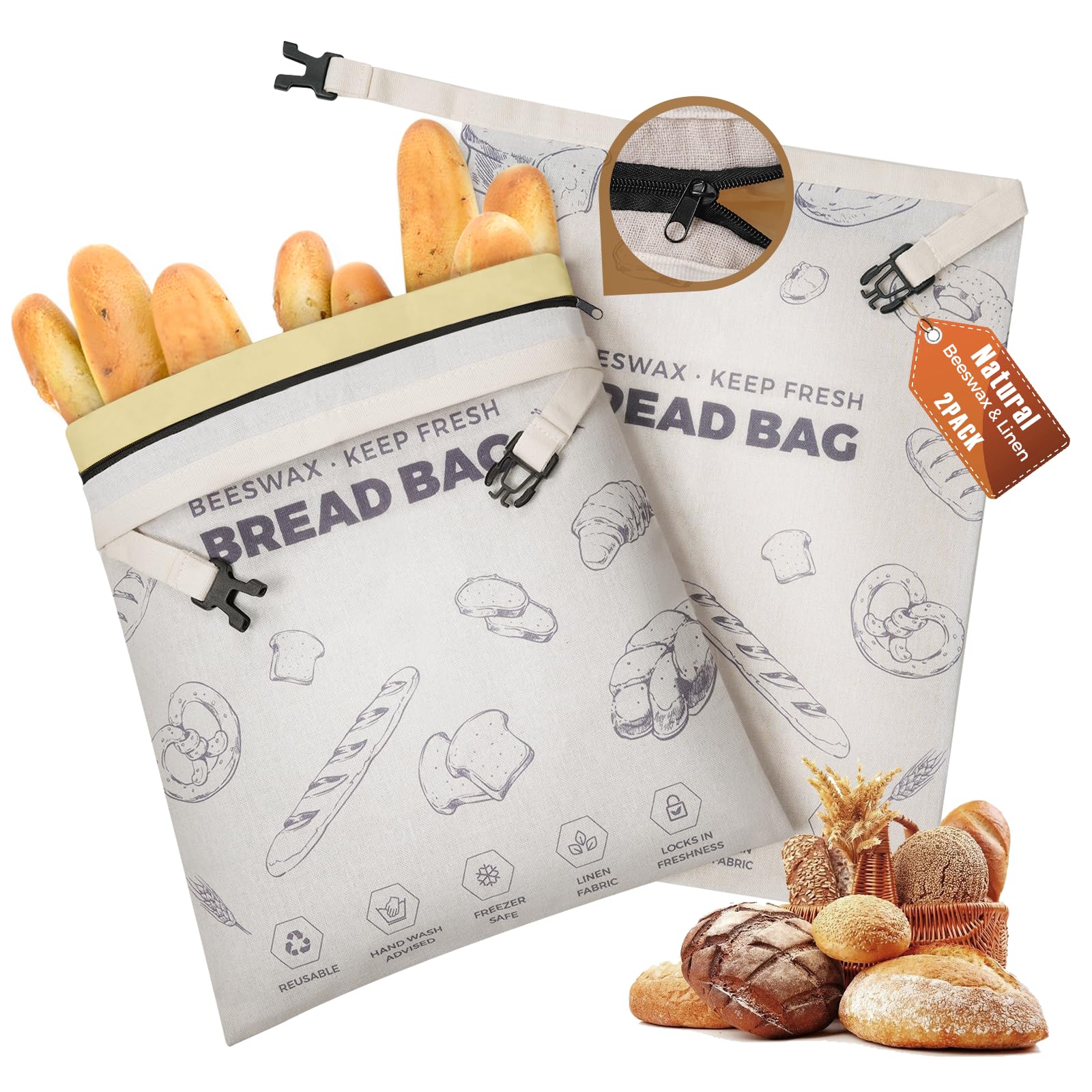 YARRAMATE Beeswax Bread Bags for Homemade Sourdough, Zipper Reusable Linen Food Storage Bags to Keep Loaf Fresh, Large Freezer Safe and Eco Friendly Bread Containers (Purple, 17x13", 2 Pack)