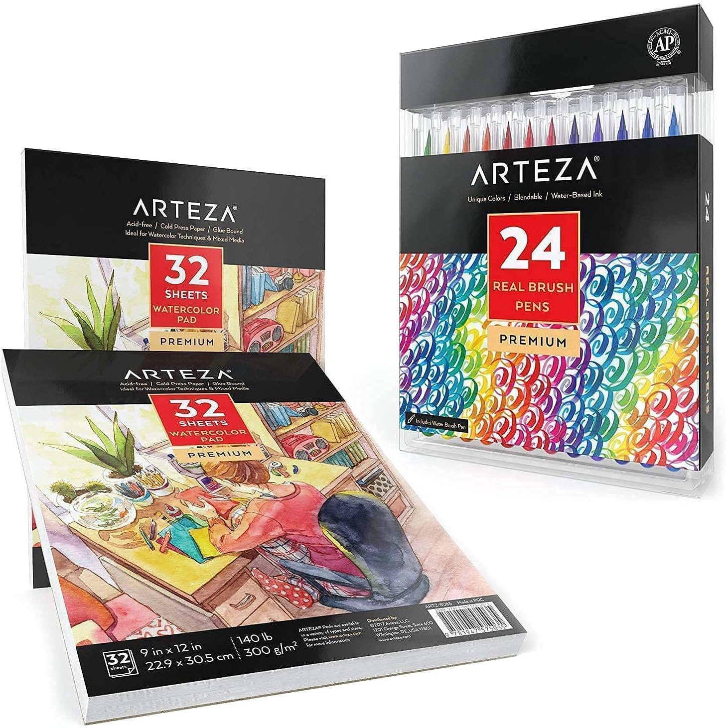 Arteza Real Brush Pens and Watercolor Pad Bundle, Set of 24 Markers and 2 Pack of Watercolor Paper Pads, Drawing Art Supplies for Artist, Hobby Painters & Beginners