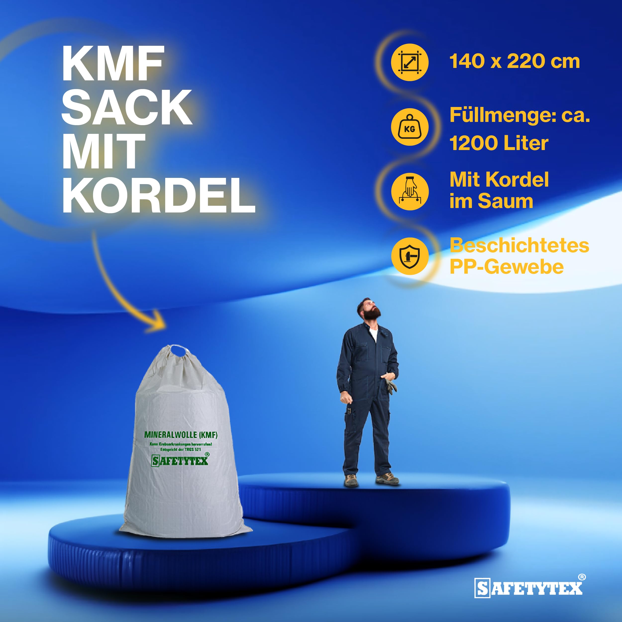 Safetytex KMF Sack 140 x 220 cm - Hochwertiger Big Bag für Mineralfaserabfälle - Transportsack mit Aufdruck und Kordel im Saum - für Mineralfaserabfälle, Glaswolle, Isolierwolle (1 Stück)