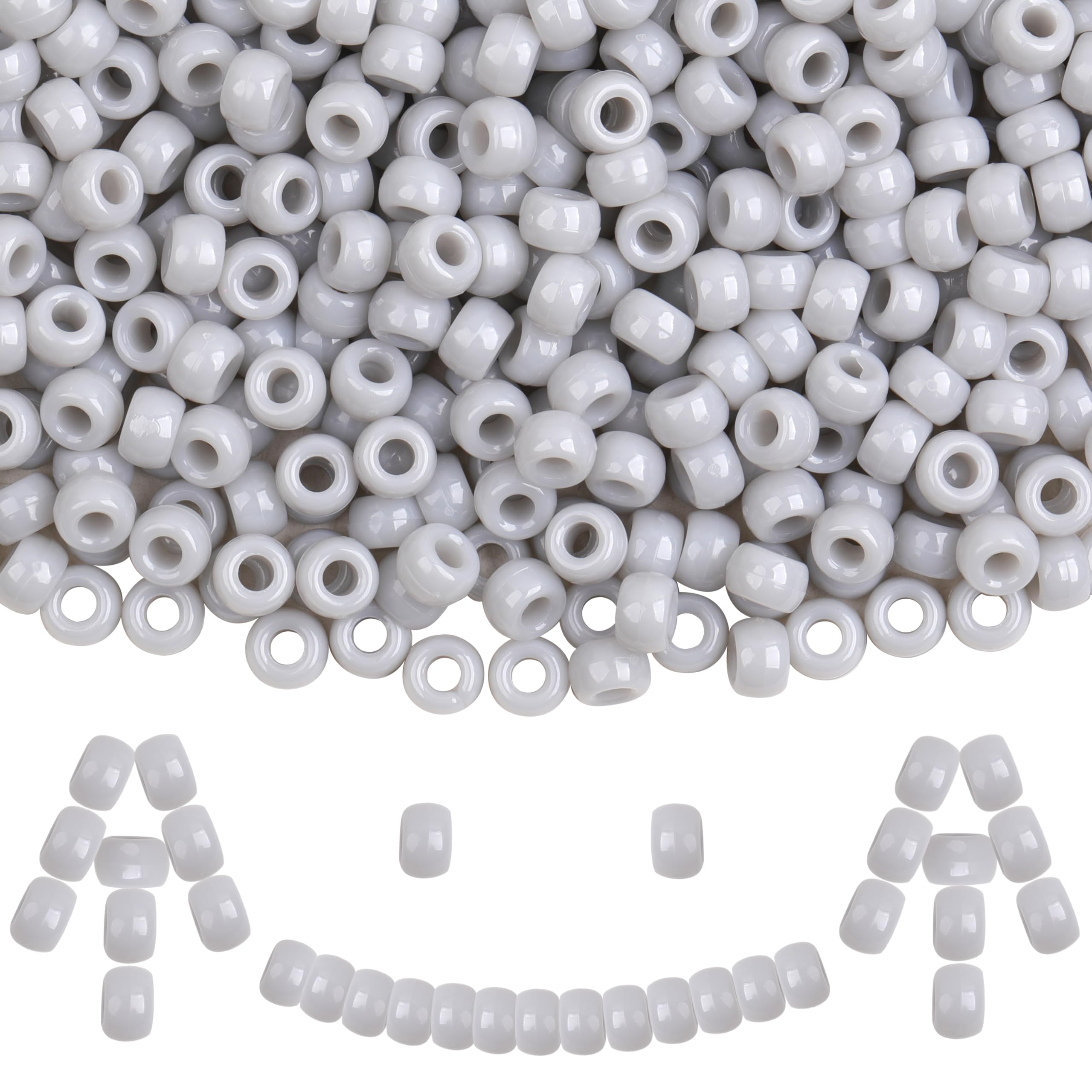 KAKW Plastic Pony Beads, 1000 Pcs, 6x9mm, for Bracelet, Hair Braiding, Friendship Bracelets, Jewelry Making (Gray)