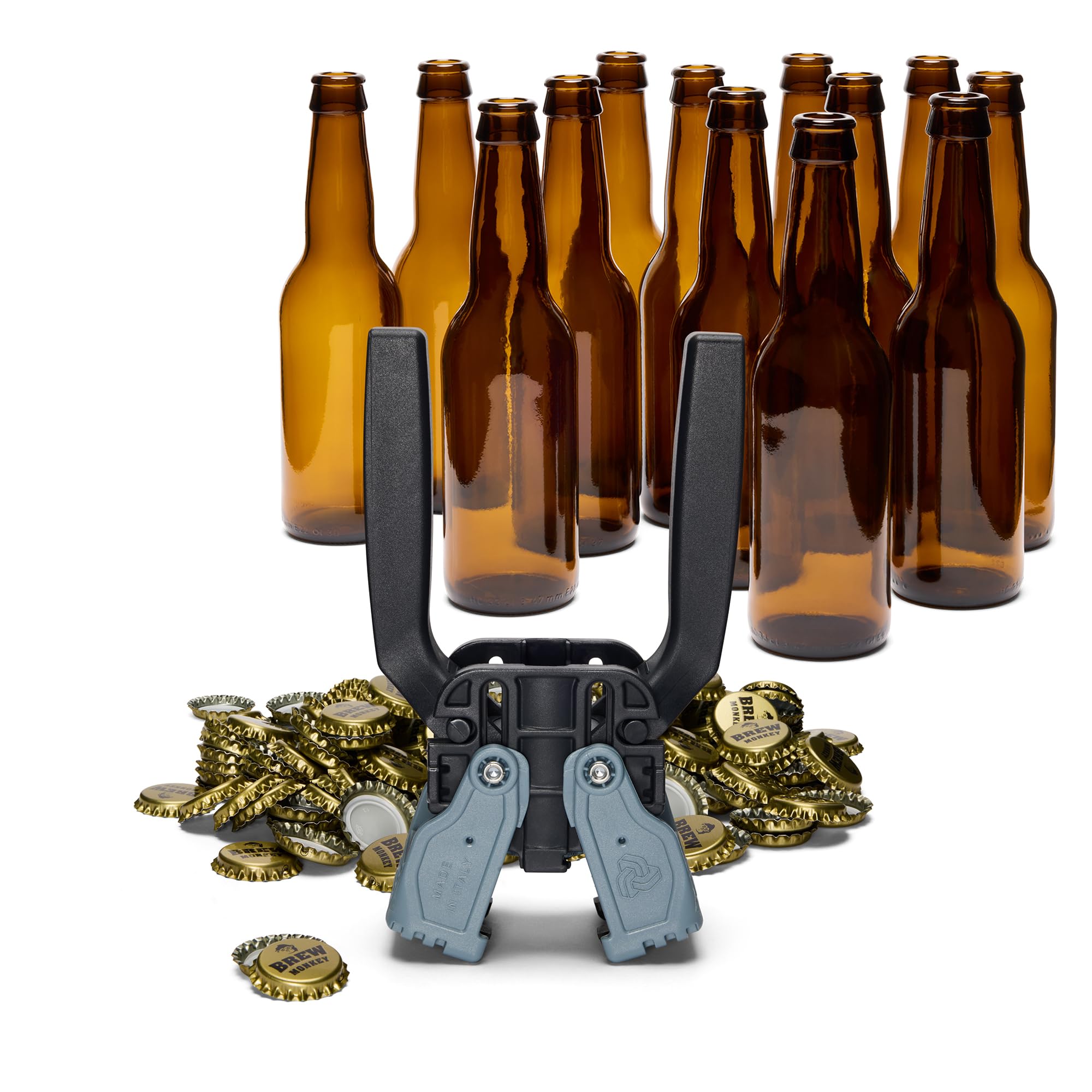 Brew Monkey® Flaschen Set | 15 Bierflaschen, Kronenverkorker und 30 Kronkorken | Leere Bierflaschen für ein Bierbrauset | Verschlussgerät | Doppelhebel Verschlußset
