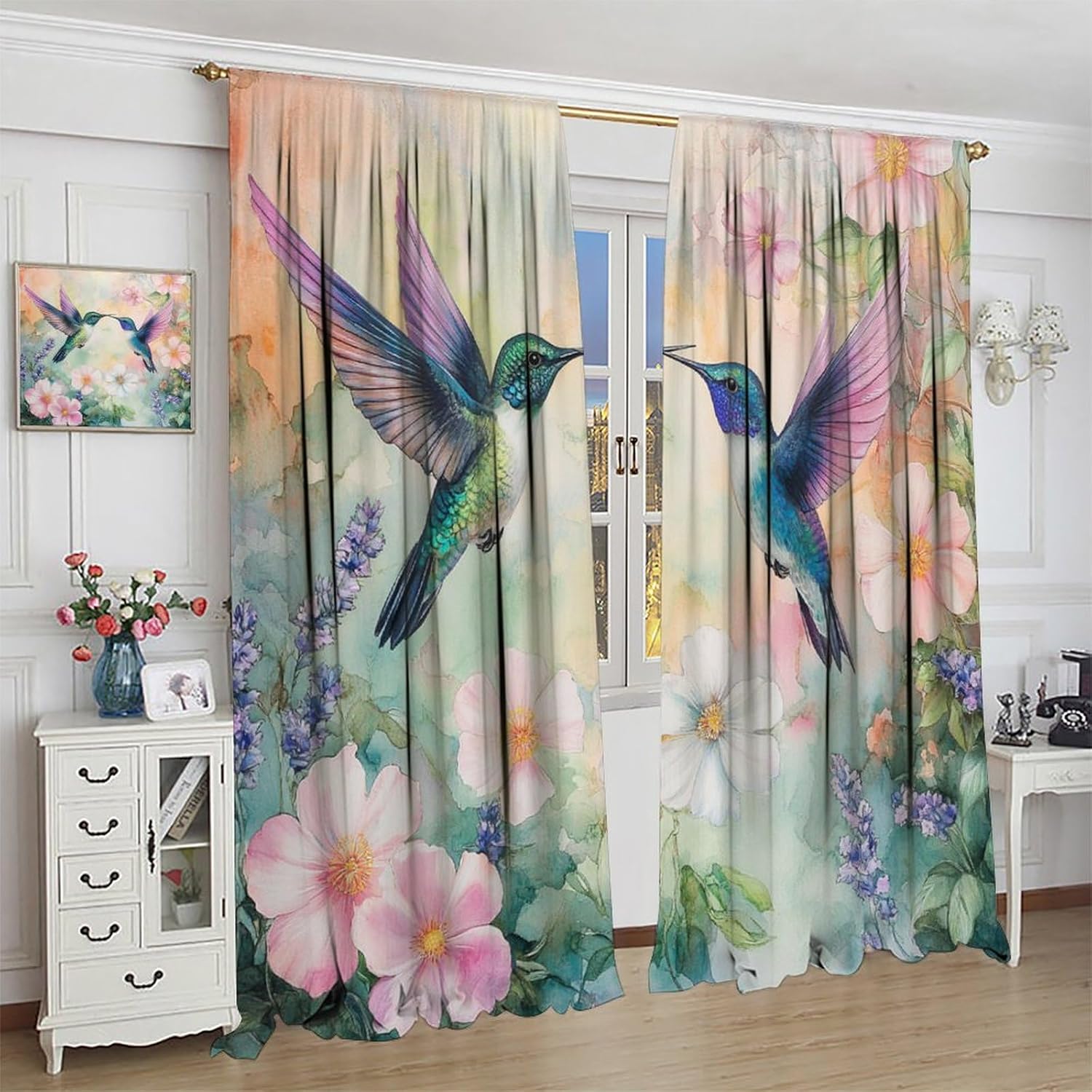 Watercolor Hummingbird Flower Blackout Curtains for Bedroom/Living Room, Vintage Botanical Illustration Curtains Rod Pocket Thermal Insulated Window Drapes, 21W x 45L, 2 Panels