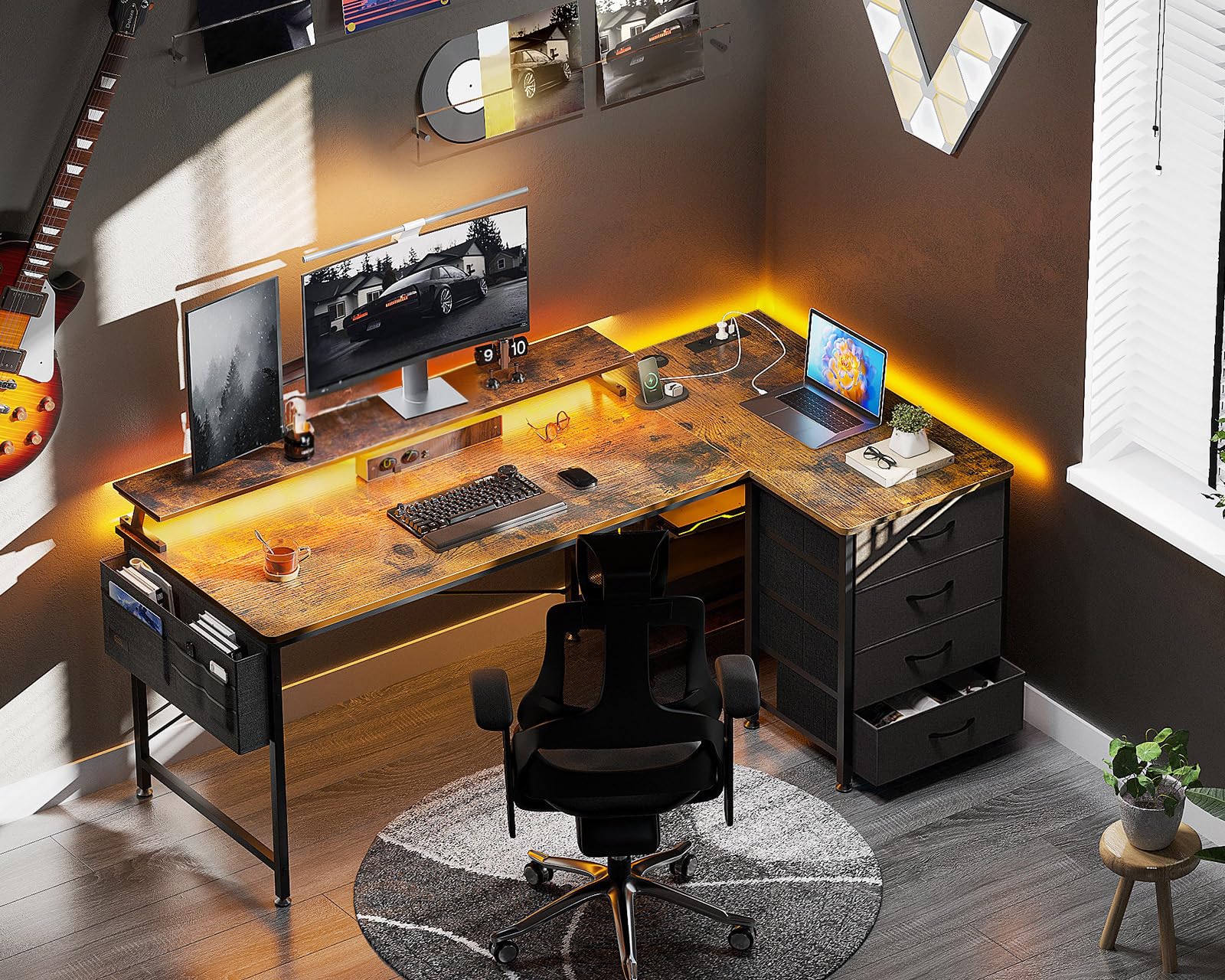 ODK Scrivania Angolare Reversibile, Scrivania da Gaming con LED, Scrivania a L con 4 Cassetti, Tavolo a Forma di L con 2 Porte di Ricarica USB e 2 Prese di Corrente per Ufficio, Marrone, 160x80x84.7cm