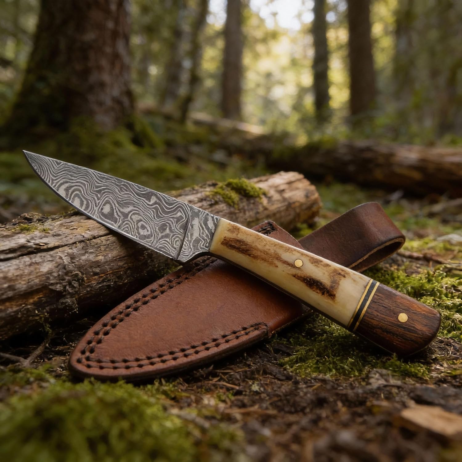 SANZ Damascus Hunting Knife 7 Inch - Sidearm Bowie Knife with Stag & Wood Handle, Full Tang Blade & Sheath - Pocket Knife for Hunting, Camping & Outdoor uses