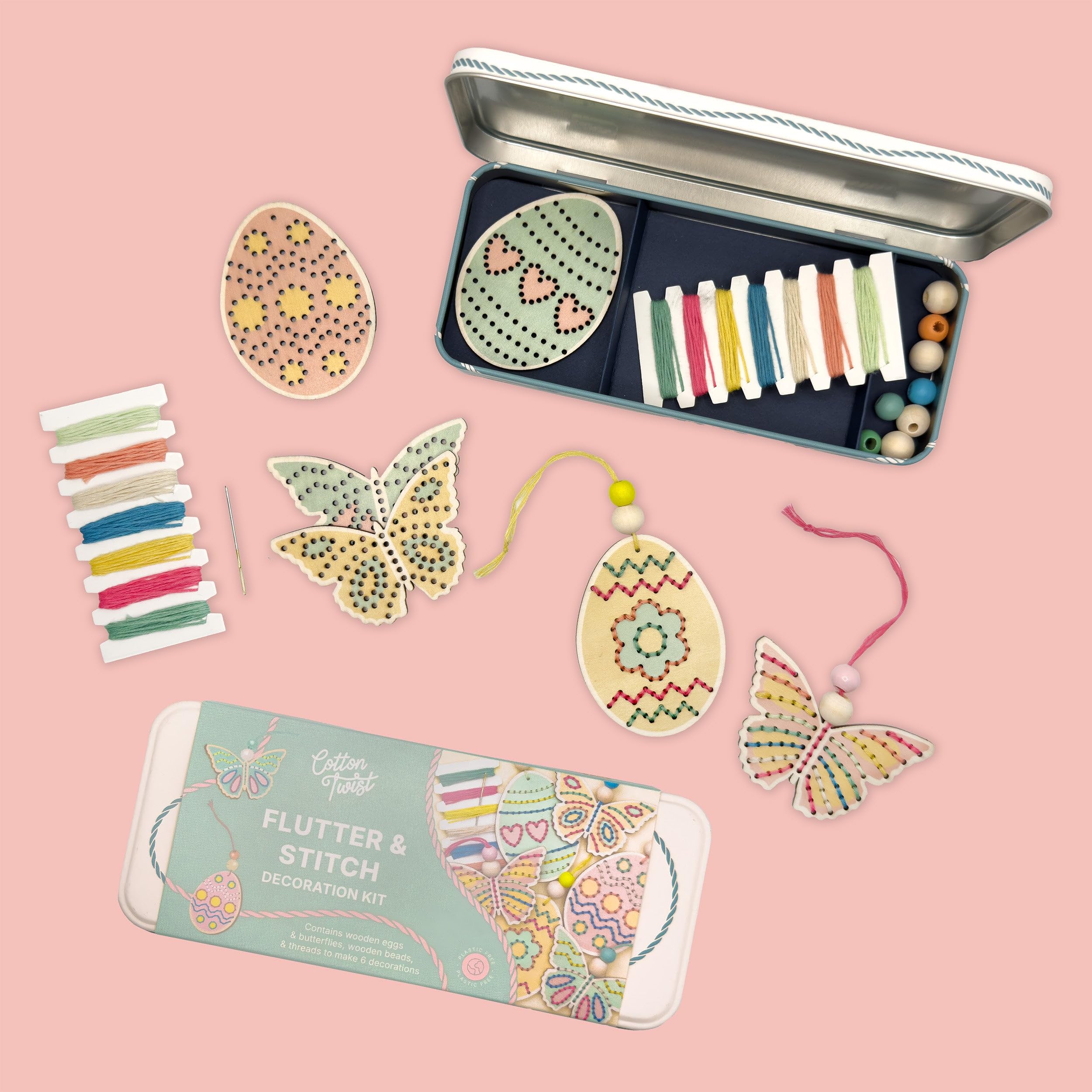 COTTON TWIST Flutter & Stitch Decoration Kit, Hanging Wooden Ornaments DIY Easter Eggs and Butterflies Craft Set for Home Décor