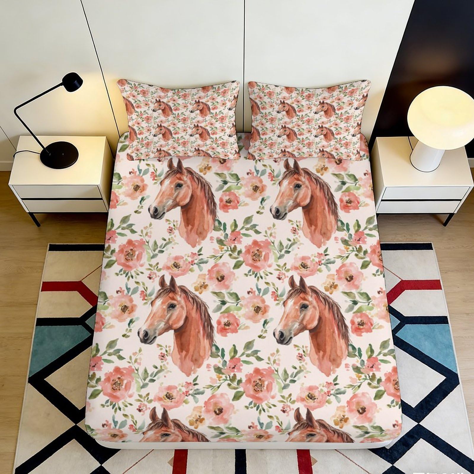 Rqzkjxnhpf Style-1 3D Printed Horse Floral Fitted Sheet Microfiber Deep Pocket Non-Slip Horse Floral Mattress Fitted Cover Bedroom Adult Teen 200X200x25cm 90X200x25cm