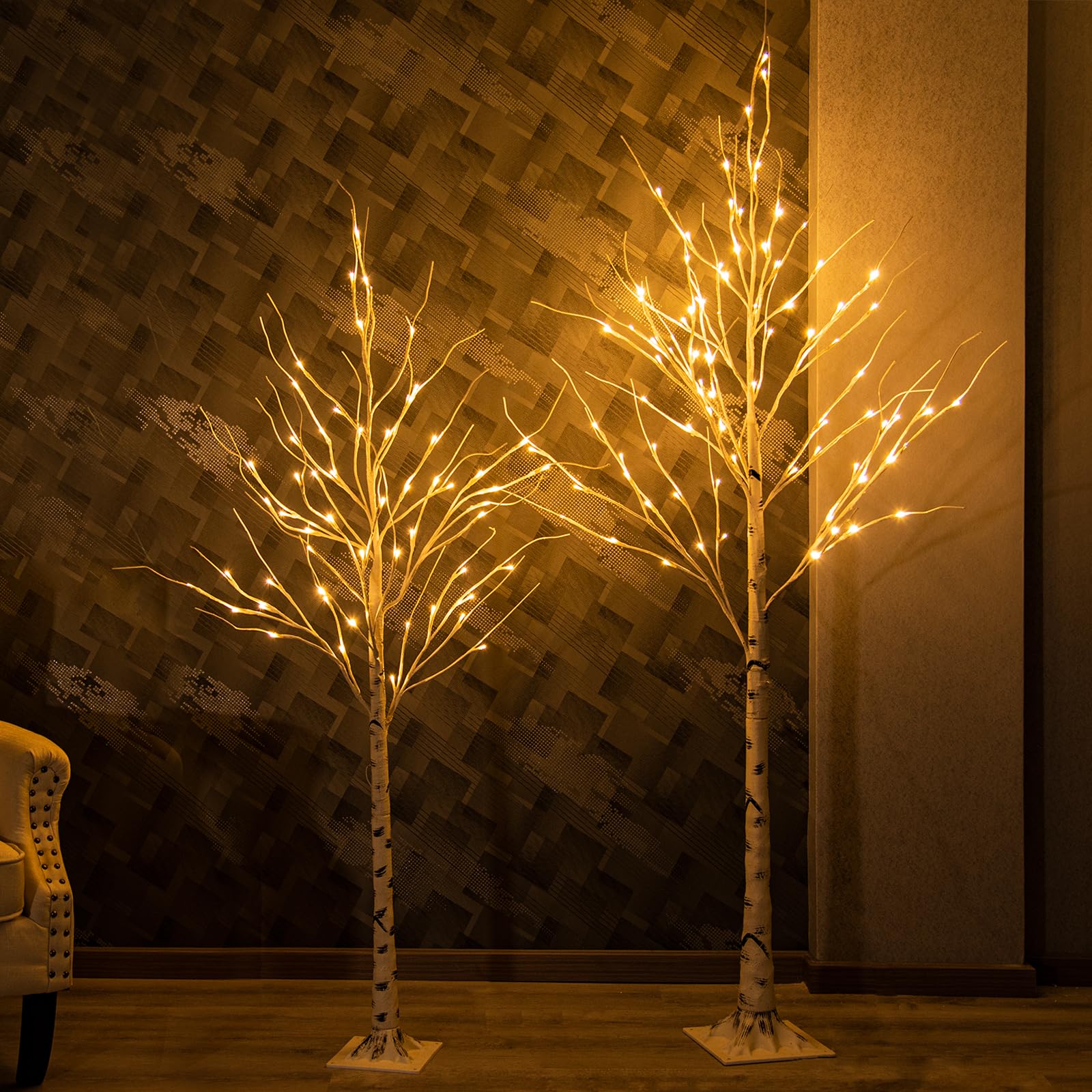 EAMBRITE White Christmas Twig Trees Set of 6FT, 5FT Birch Tree with Warm White LEDs Timer Mains Powered with Waterproof Adaptor for Outdoor and Indoor Christmas Decorations